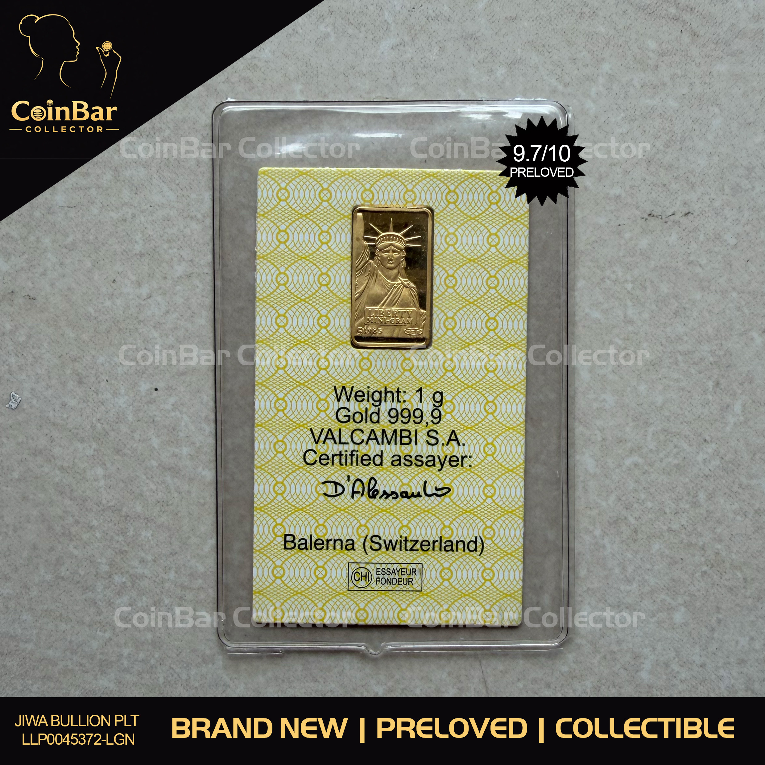 (SN85291) VALCAMBI 🇨🇭RARE Vintage 1985 Liberty 1g Credit Suisse Gold bar Emas 999.9 自由女神