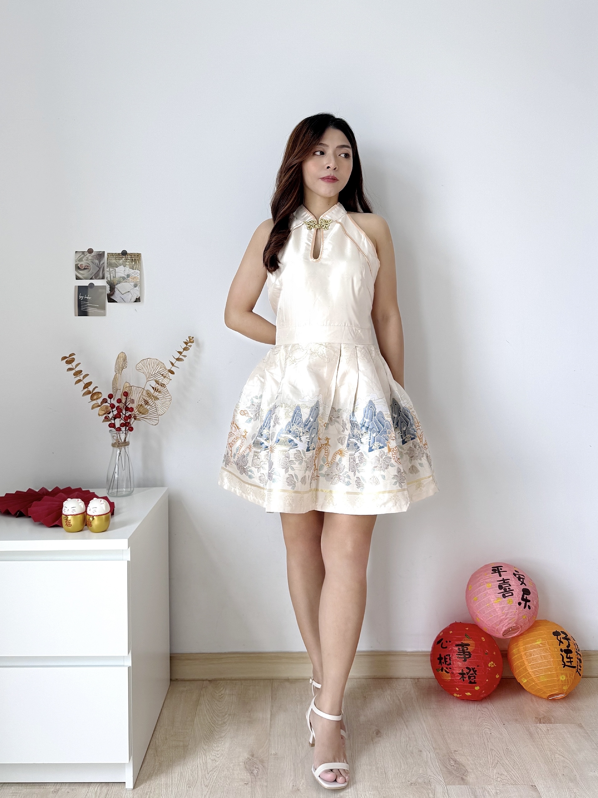 福利款原价RM109【Golden Phoenix Dress 锦绣烟雨 】新中式重工刺绣挂脖连衣裙（2 colours）Premium Quality