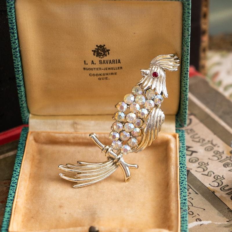 RARE! Vintage C.a. 1960s BSK Aurora Borealis cockatoo/ Parrot Bird Brooch (MW165)