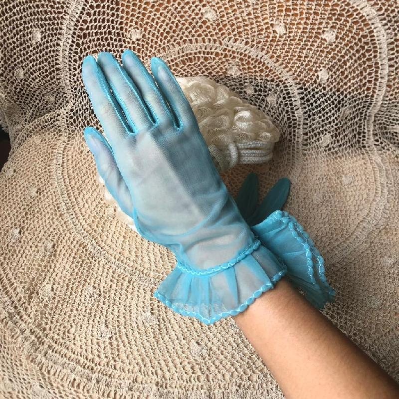 Vintage c.a. 1950s Aqua Turquoise Sheer Gloves Size 7 with White Overstitch-New Old Stock(MT165-1)