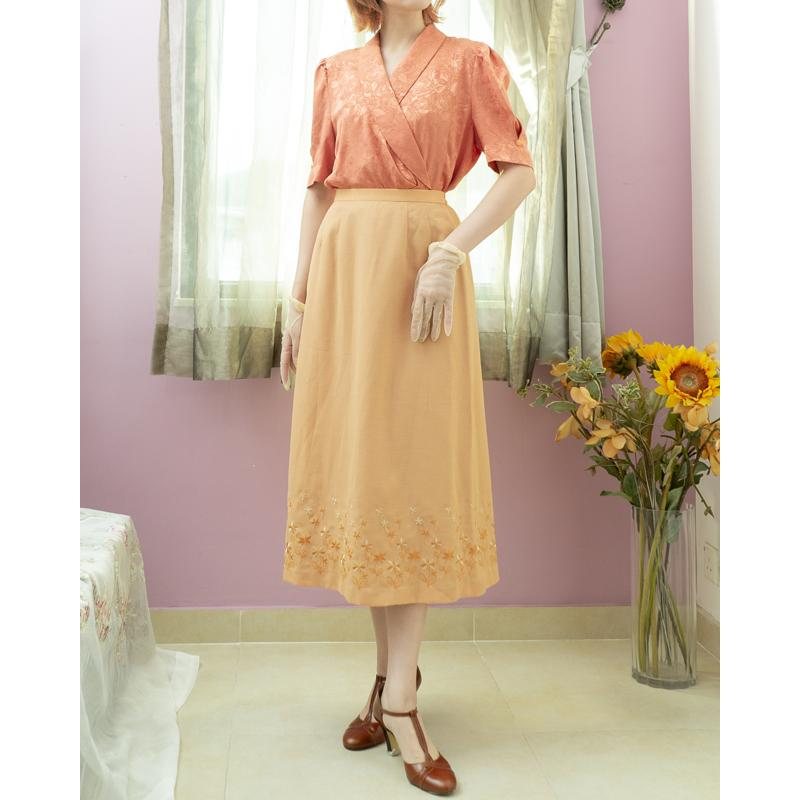 Vintage Japanese Design Peach Orange A-Line Tea Length Summer Skirt -Waist 25~28" (MT1606-57)