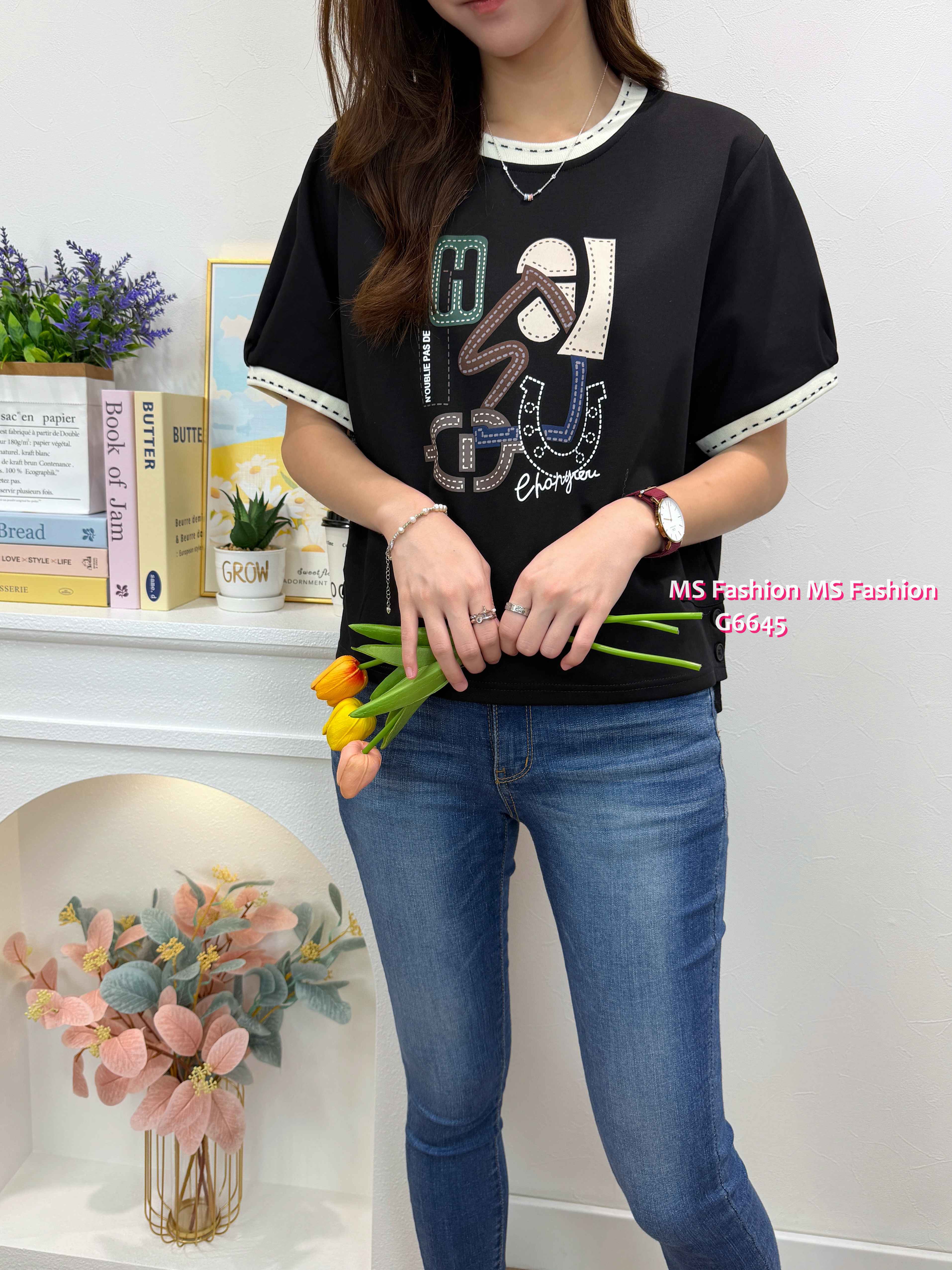 G6645 靚print拼邊top