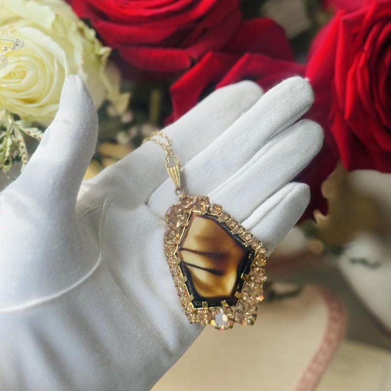 Vintage C.a. 1970s Tiger Eye Glass Asymmetrical Rhinestone Pendant Necklace from Europe (NZ045)