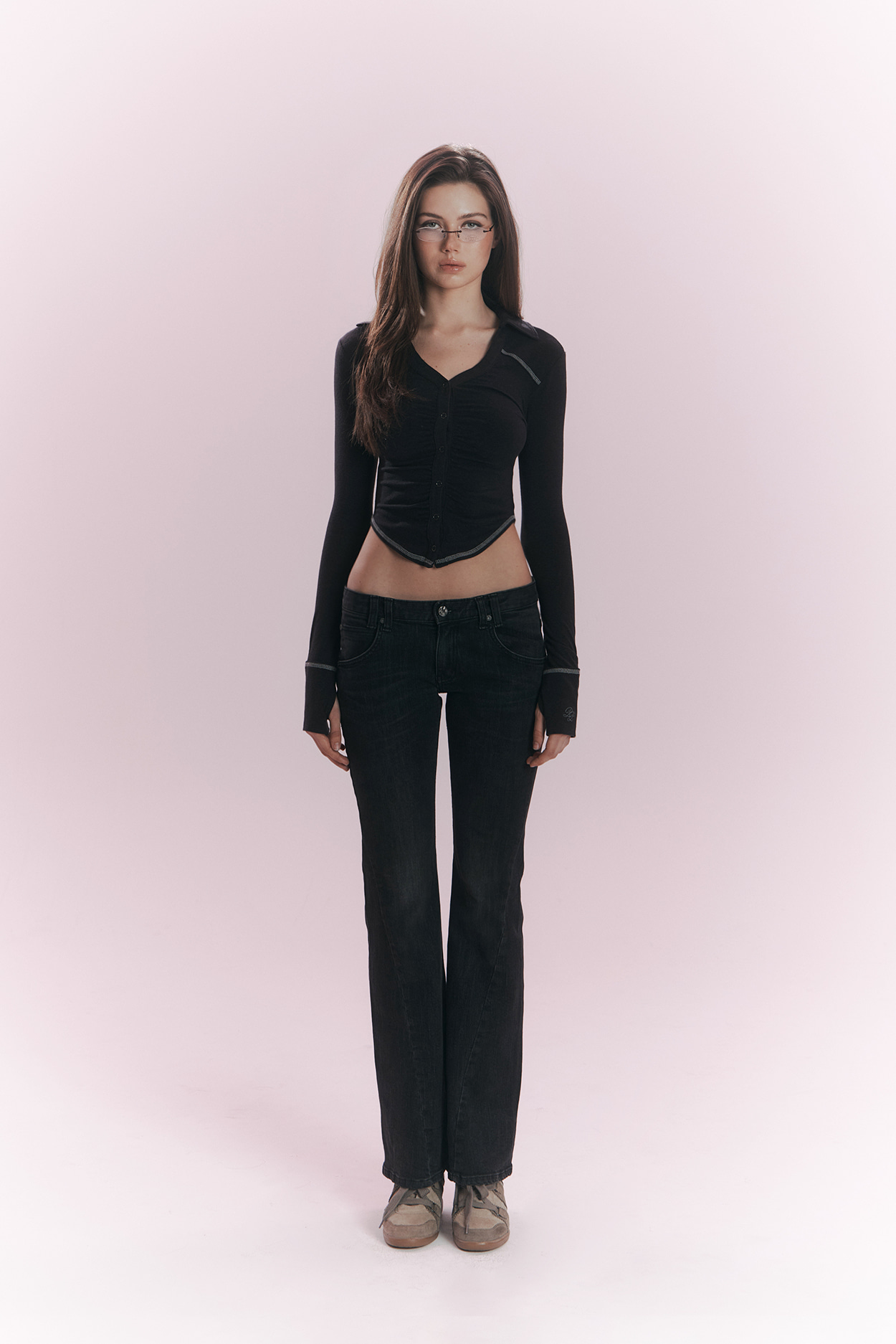 pleaseNOFOLLOW - Mamie Snap Button Slim Shirts (Black)