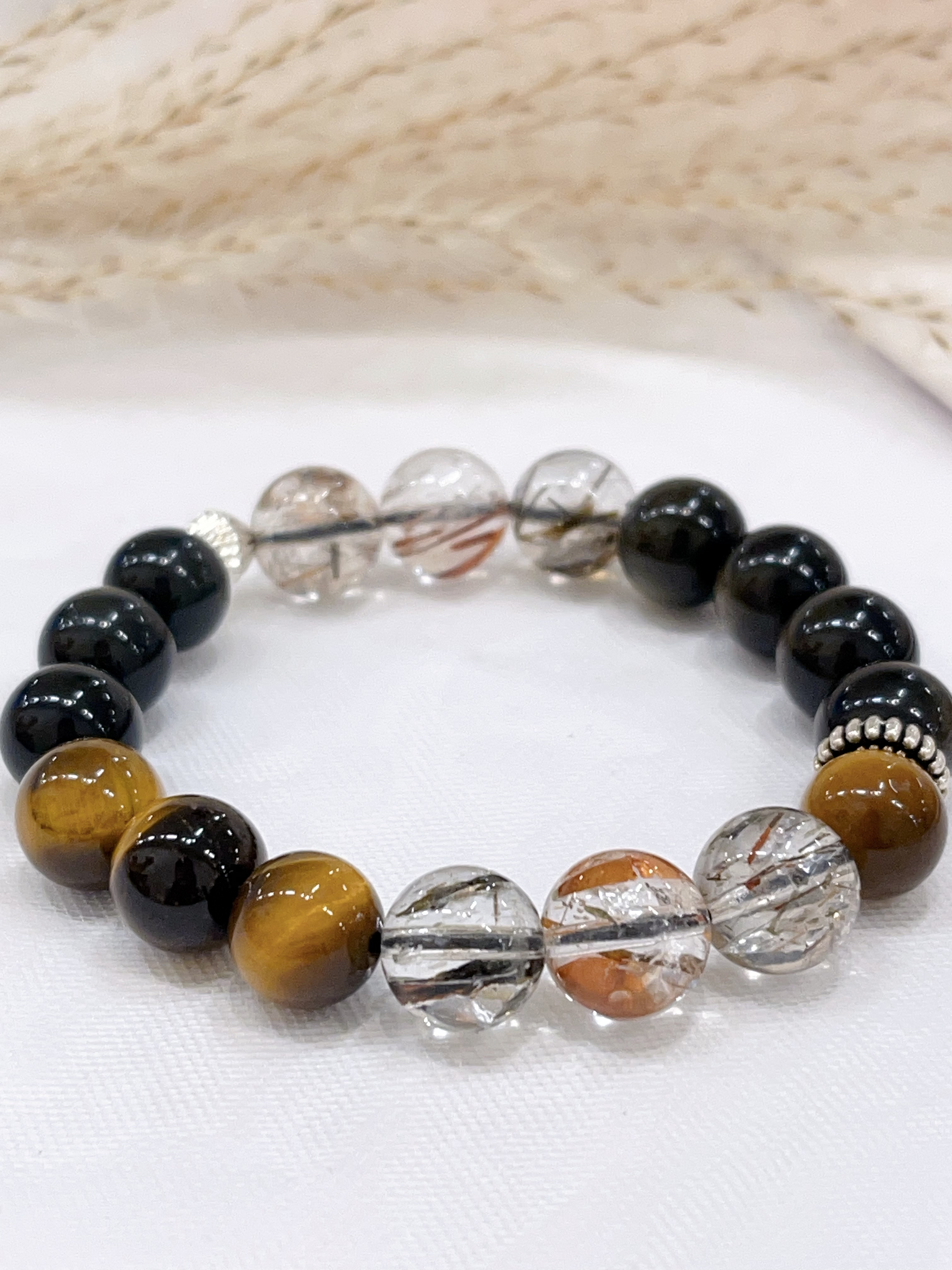 🐯 黄虎眼 × 金曜石 × 黑发晶手串 Yellow Tiger Eye, Gold Obsidian & Black Rutilated Quartz | 10mm
