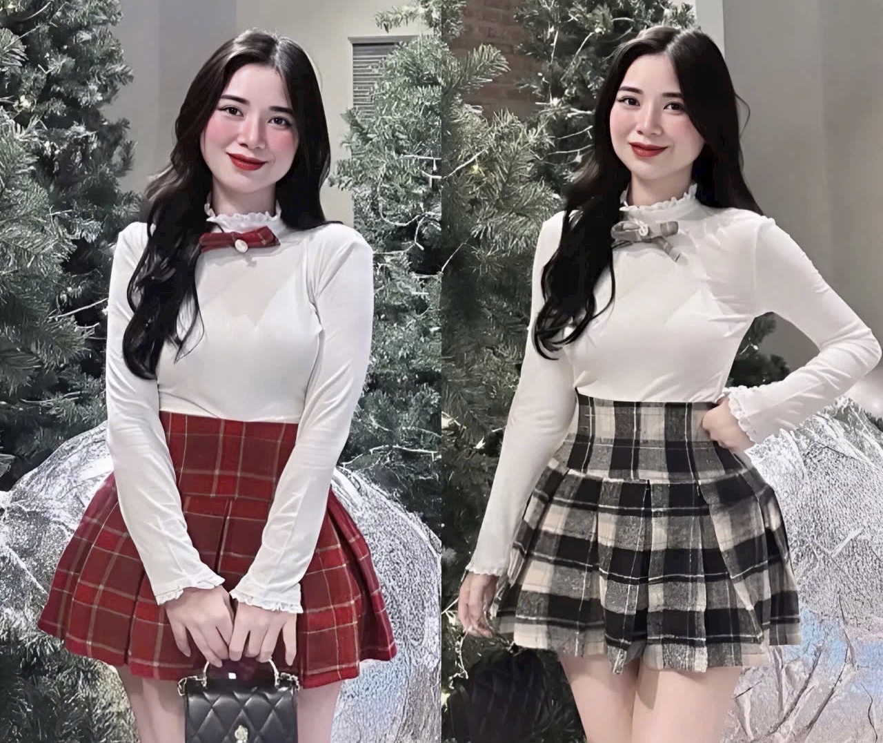 長袖上衣和格子裙两件套