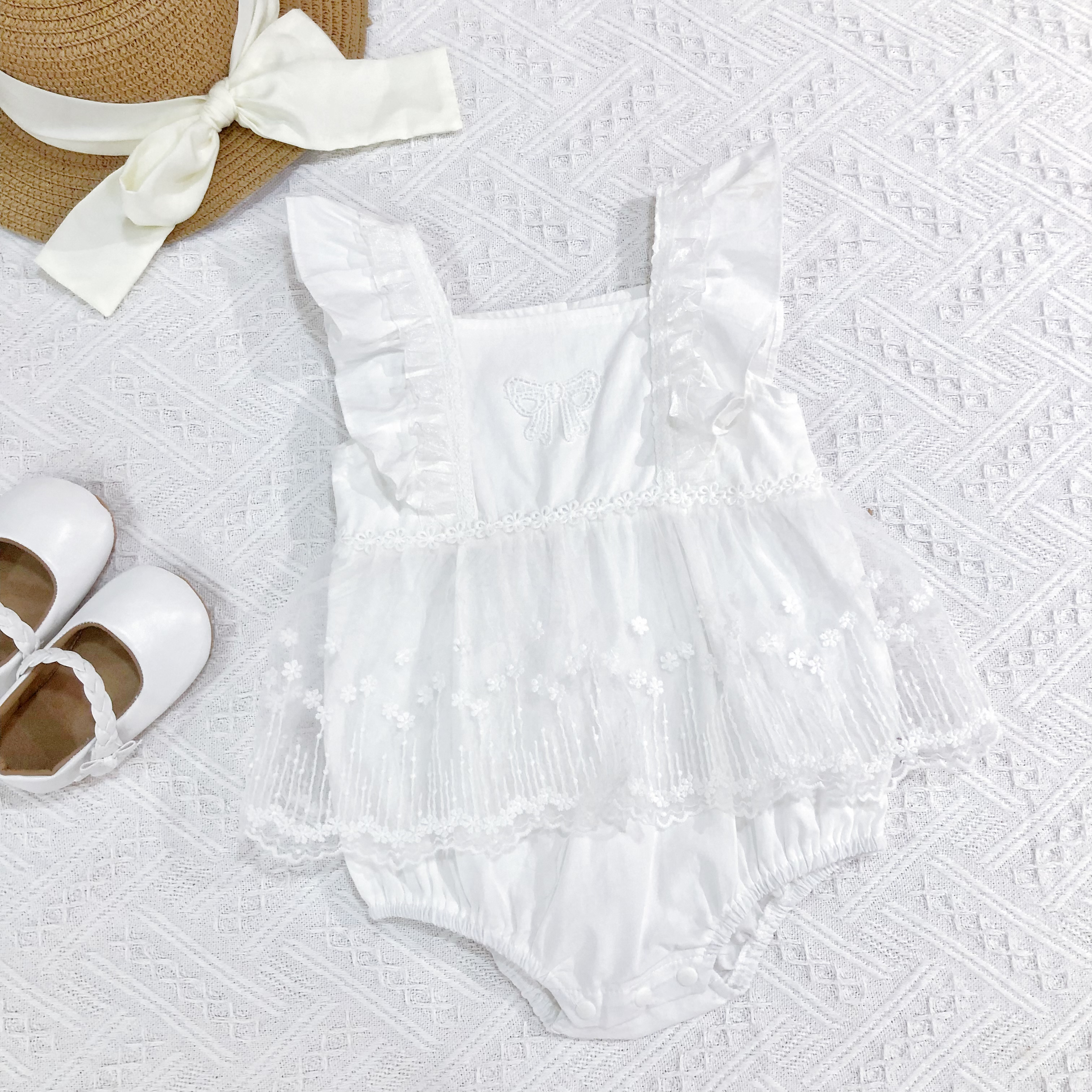 Elegant Butterfly Embroidered Romper with Ruffled Shoulders