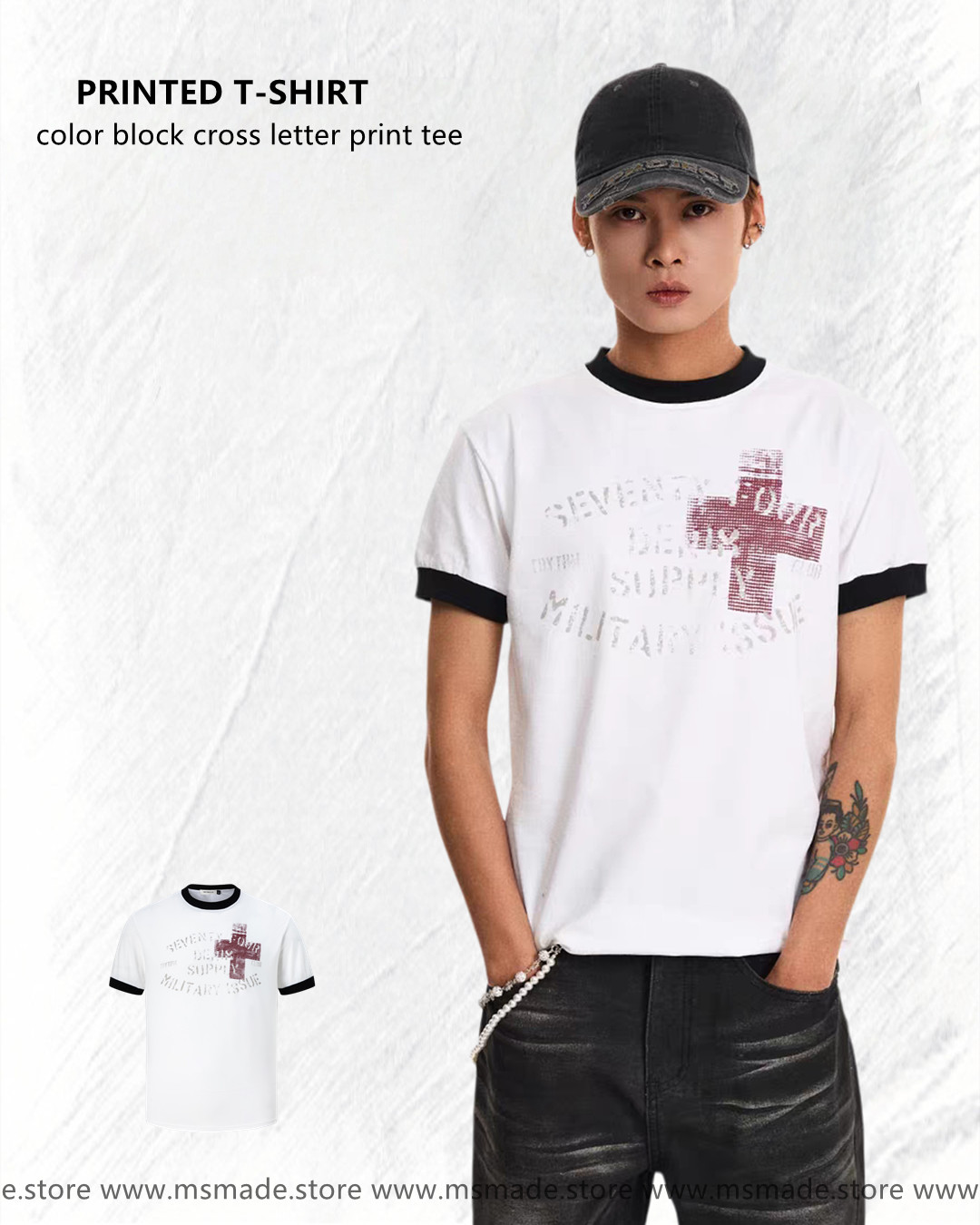 M27454撞色十字架字母印花tee