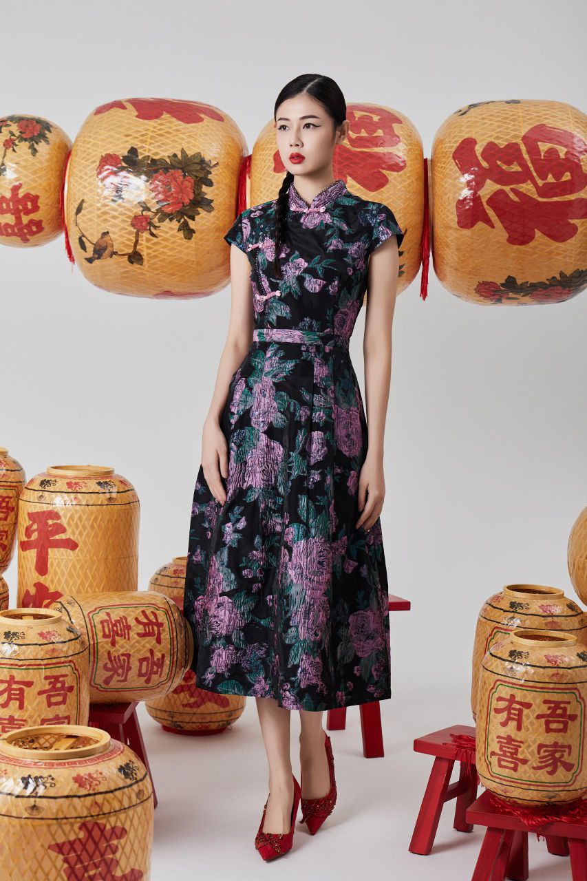 旗袍立领与斜襟盘扣连身裙 2118