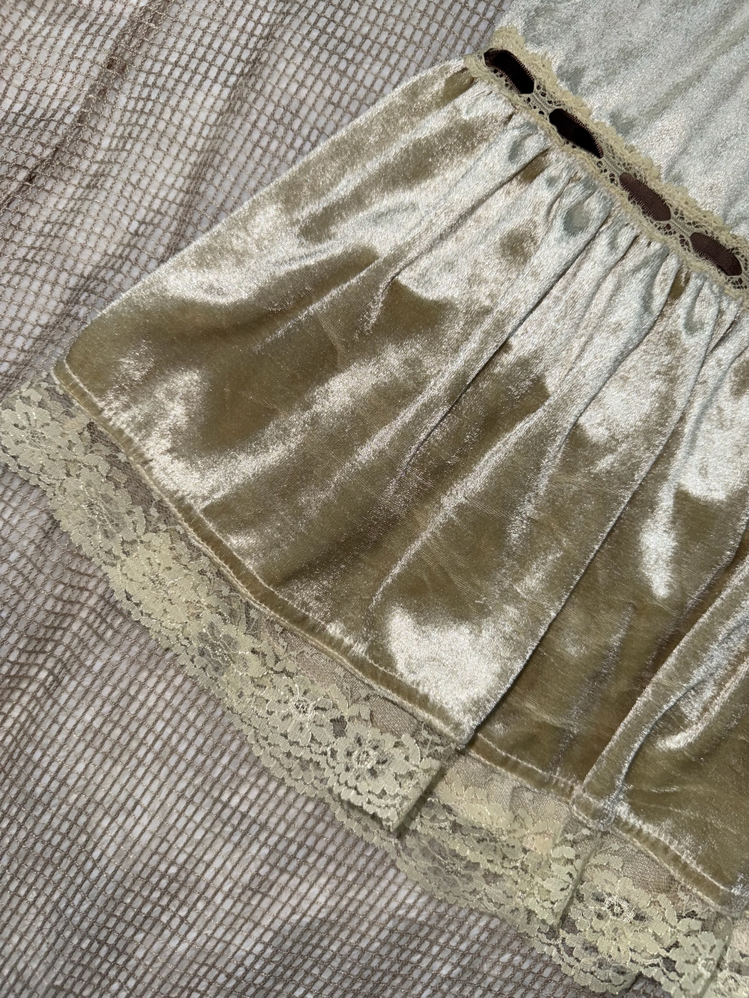 Champagne Crushed Velvet Tiered Skirt with Ribbon Weave and Scalloped Lace Hem