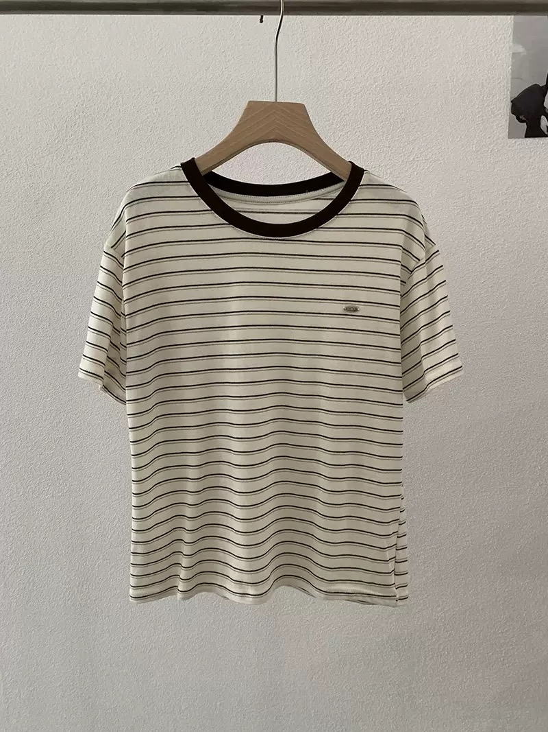 装色条纹短袖宽松Tee