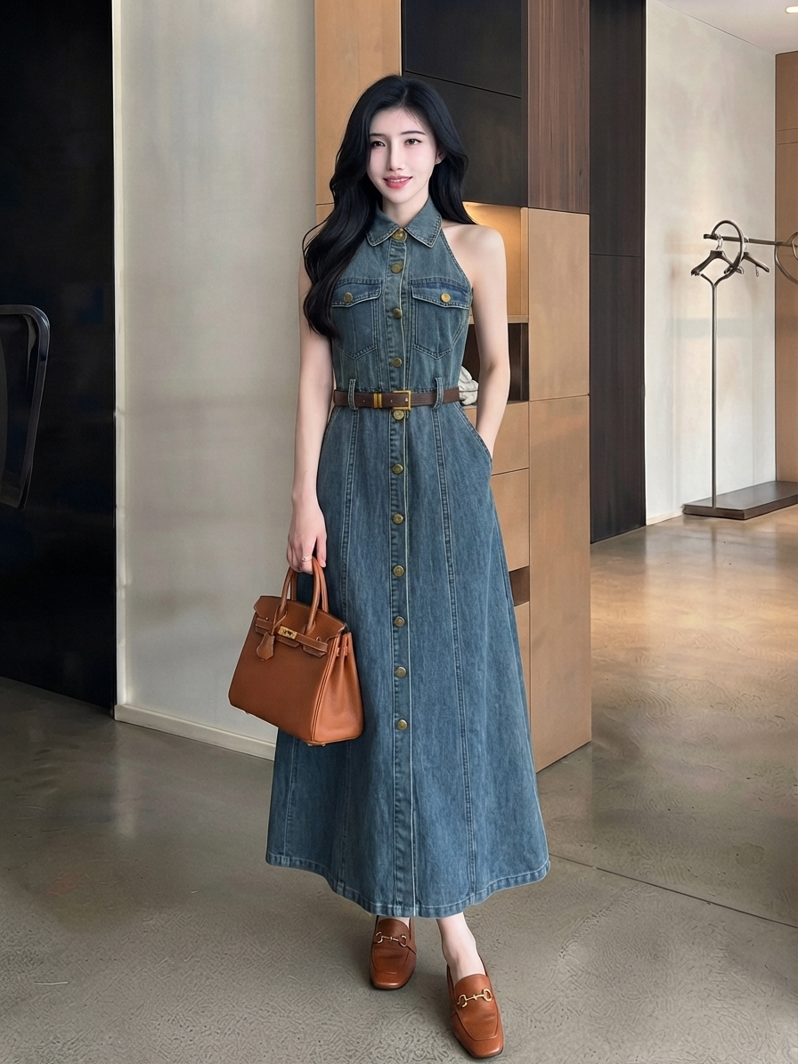 Halter Denim Midi Dress M237