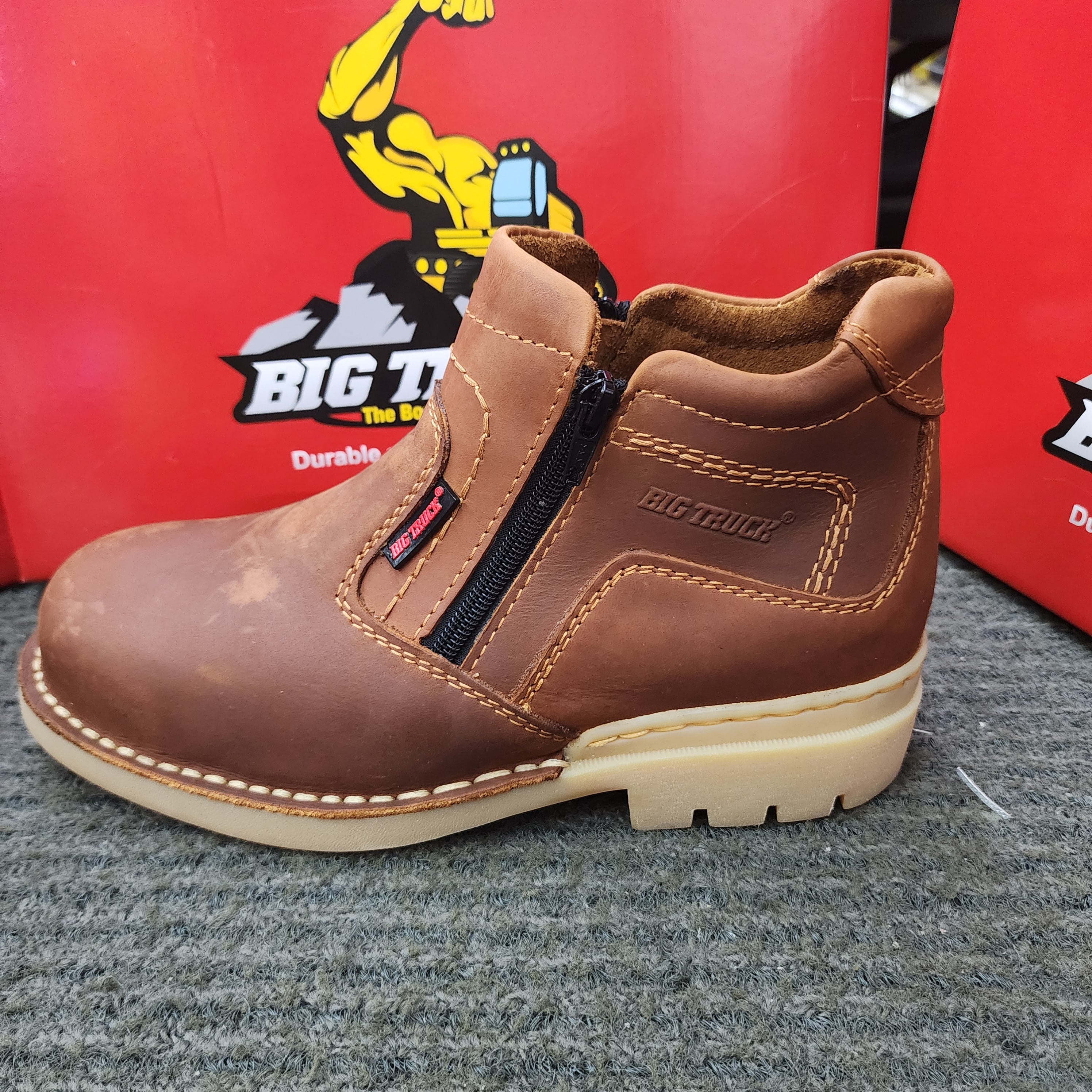 BIG TRUCK 8018 8033 8035 HONEY RUBBER SOLE SAFETY SHOES HIGH CUT ZIP LACE Leather Kasut Keselamatan