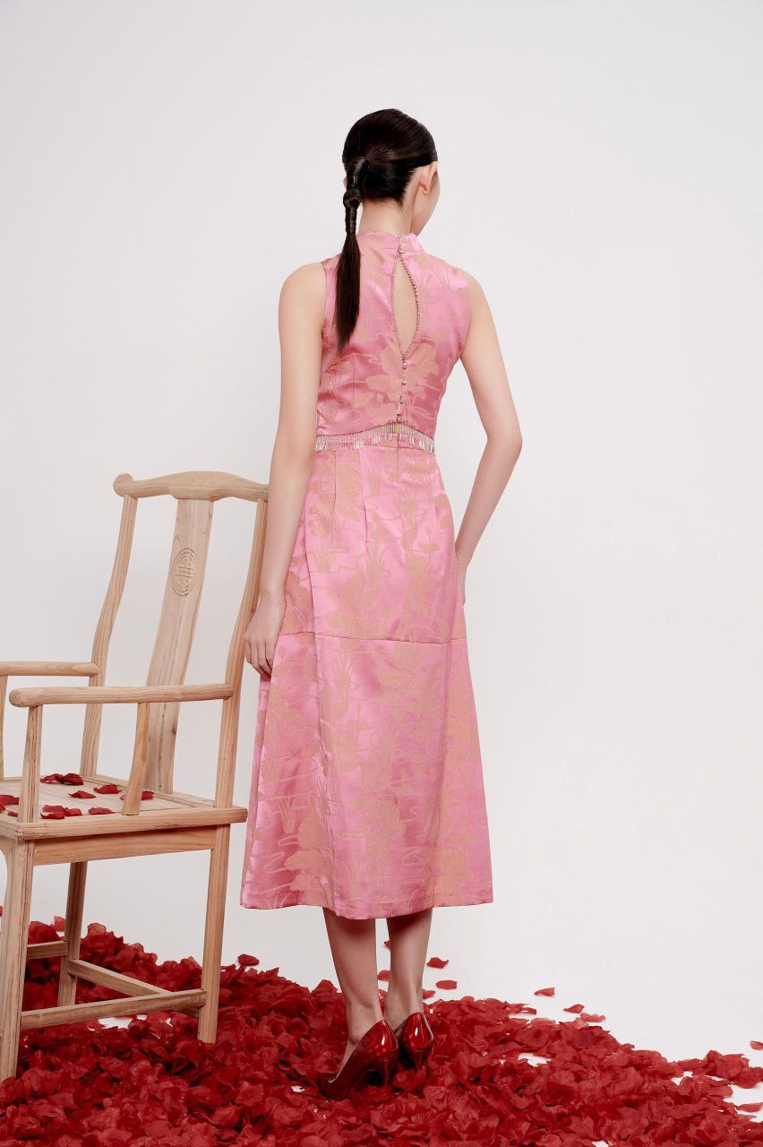 串珠露腰旗袍连身裙 2135 粉色/米色