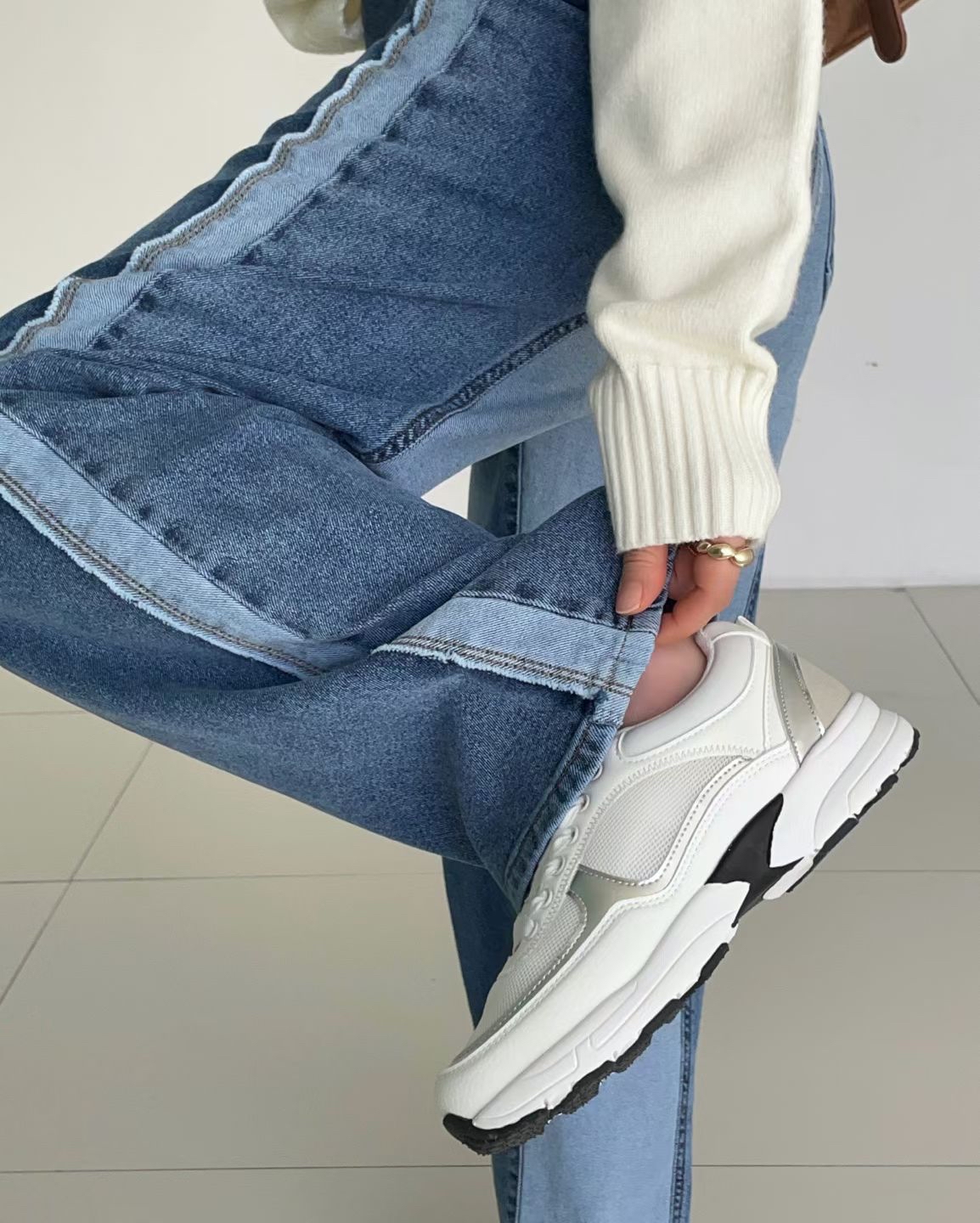 拼色牛仔褲 