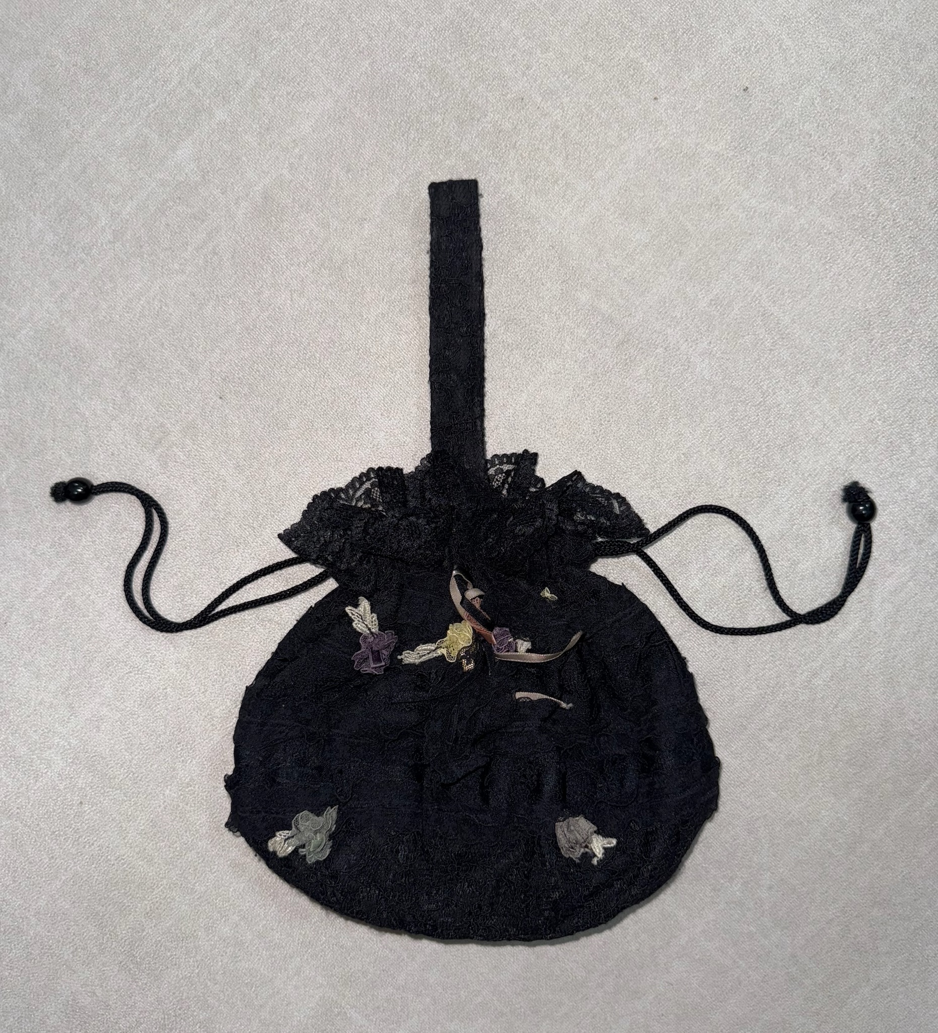 Black Lace Floral Applique Drawstring Pouch