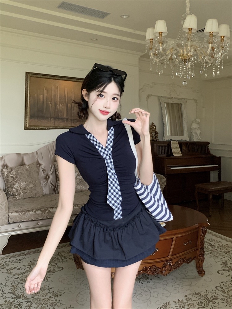 B184(18868) 韩系气质格纹领带边褶皱腰上衣与双层荷叶短裙蓝套装