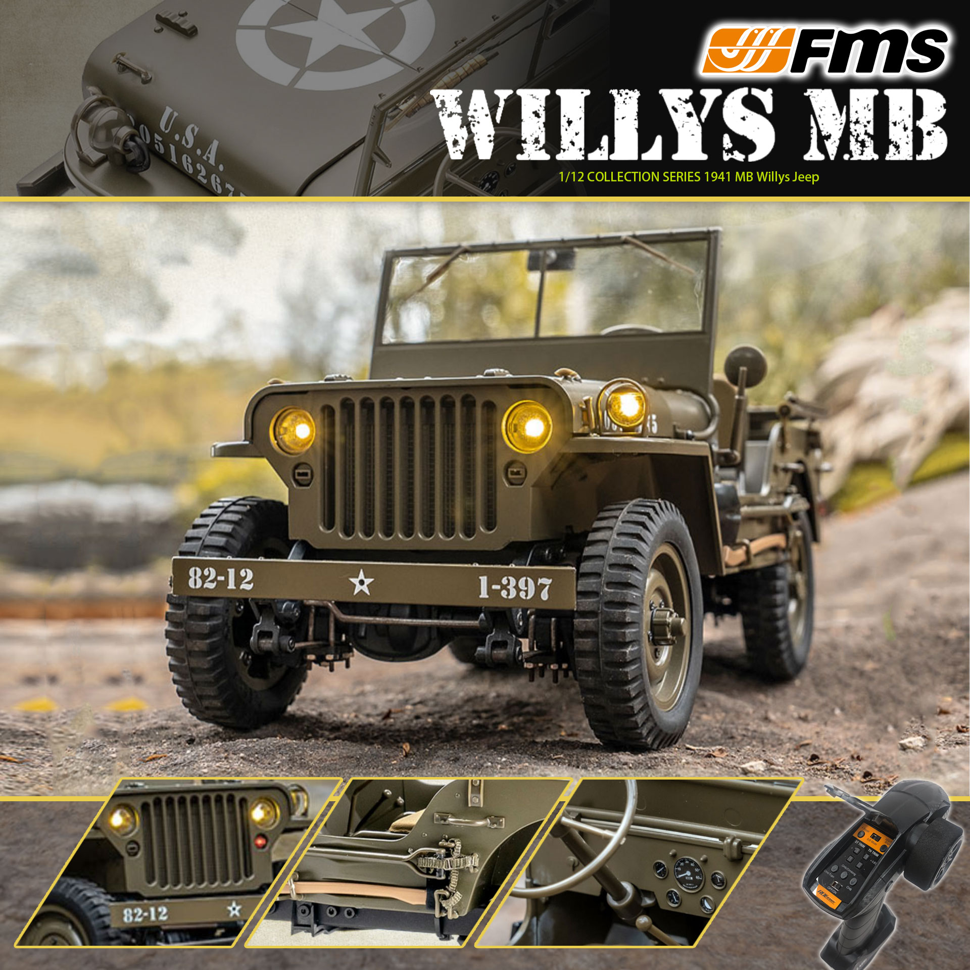 全新 🌟 FMS 🌟 1:12 WILLYS MB 威利斯 軍車 | 2.4Ghz 遙控 | 4輪驅動 | 聯動燈 | 車頭大燈及尾燈 | 迷你慢爬車 | 遙控車 | 像真迷你遙控車