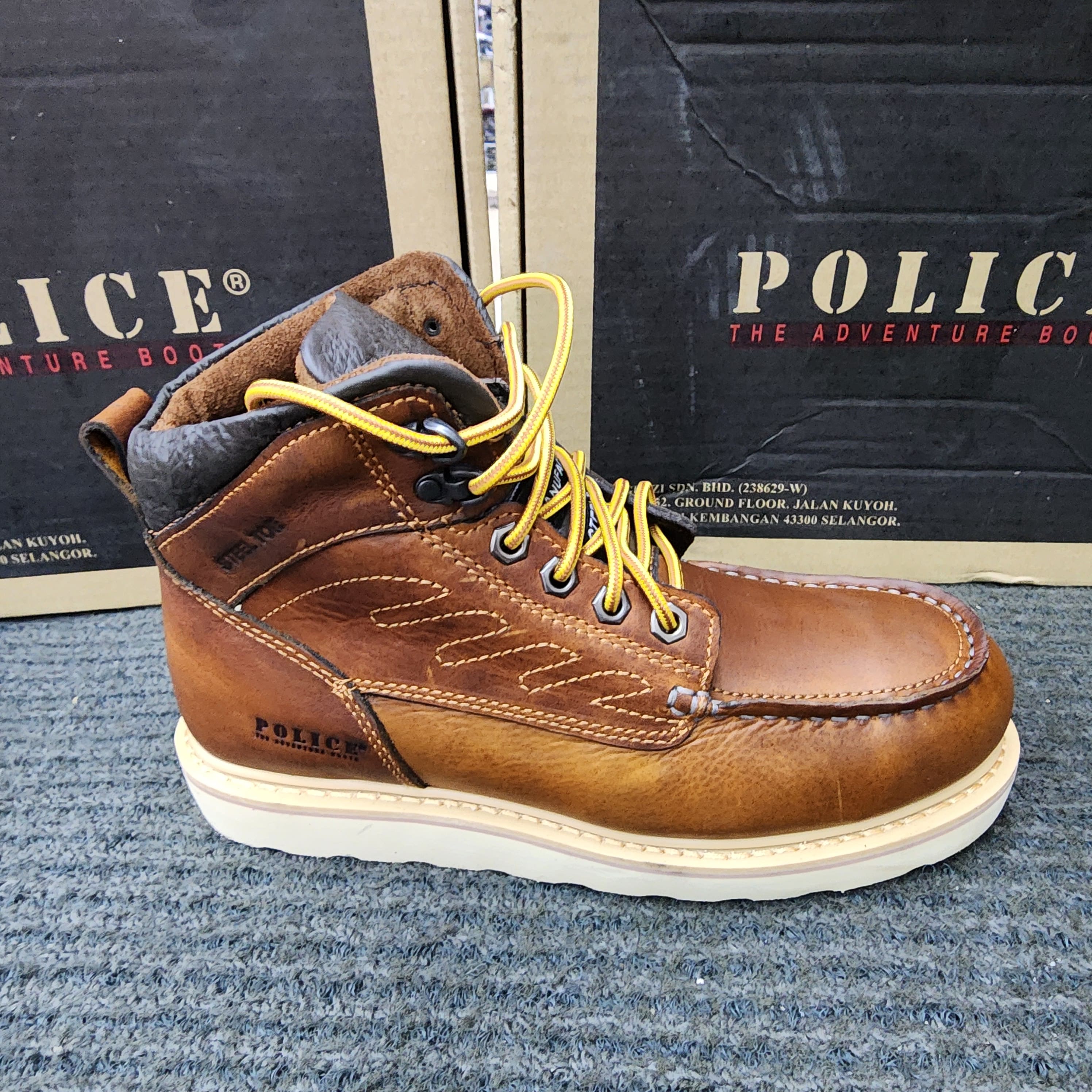 POLICE SAFETY SHOES 92970 Mid Cut Lace Up brown Goodyear Welt Stitching Kasut Keselamatan