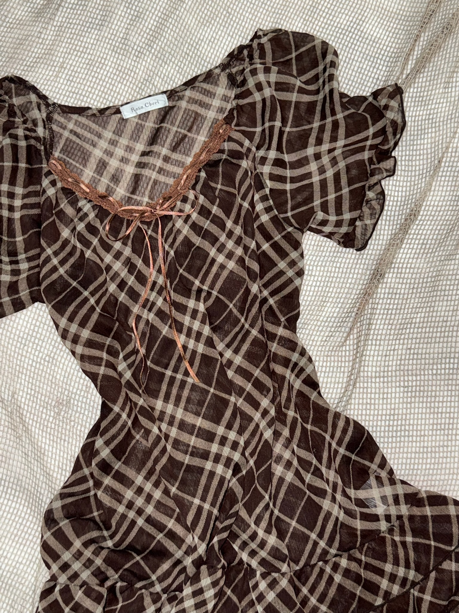 Brown Check Chiffon Lace Ribbon Bow Top