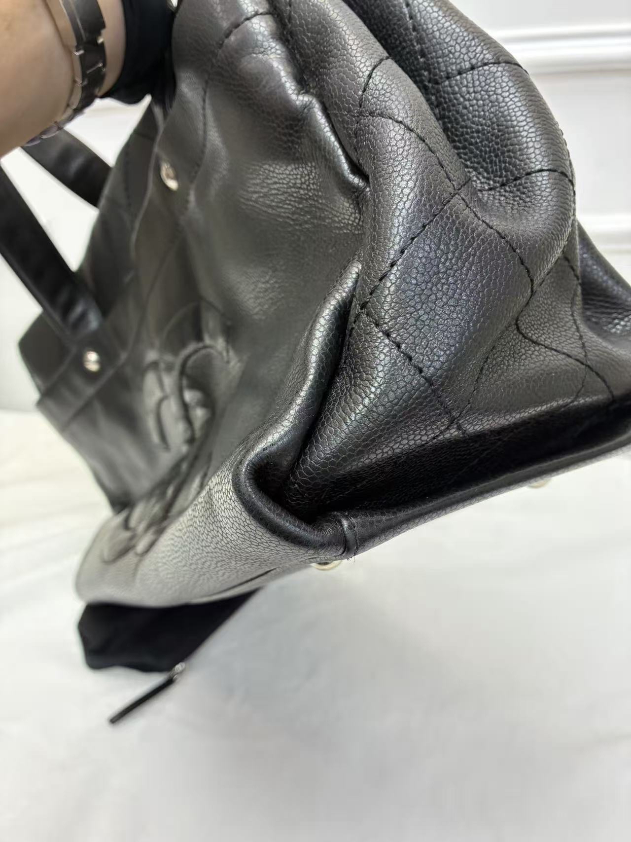 Chanel香奈兒橫版機場包 子母袋Tote購物袋 黑銀 荔枝牛皮 手提包 經典款大容量托特包 絕版收藏 