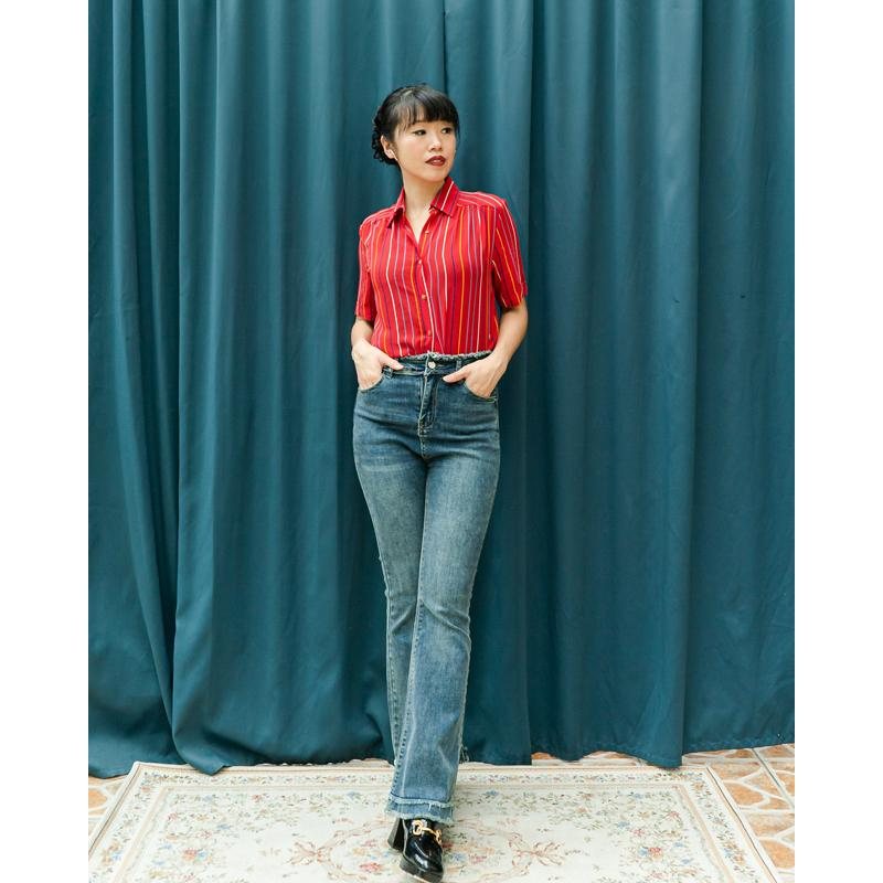Vintage Japanese An kyara Red and Striped Pattern Chiffon Shirt/Blouse（MT1606-17)