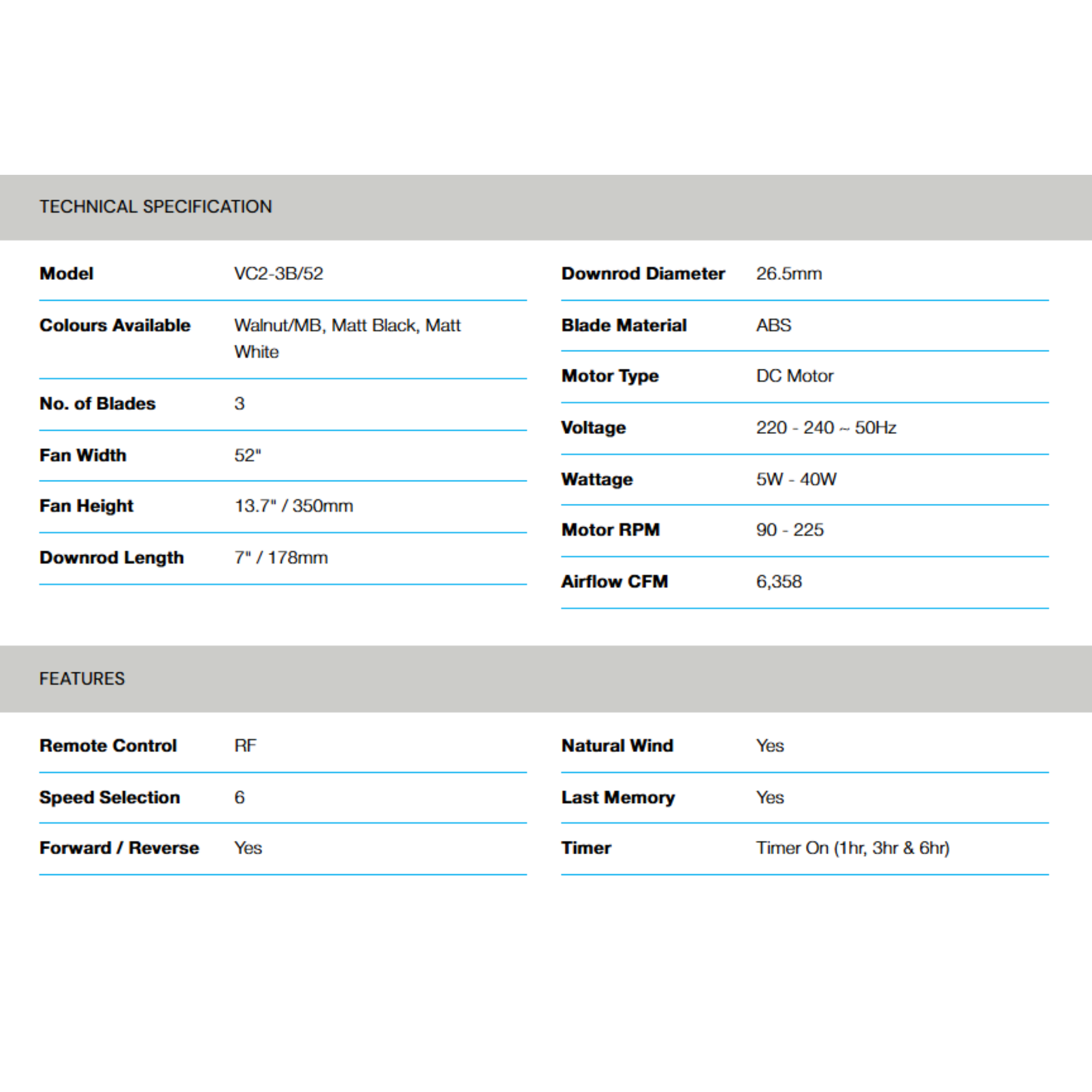 Alpha 52" VC2 DC Motor ABS Ceiling Fan (VC2-3B)