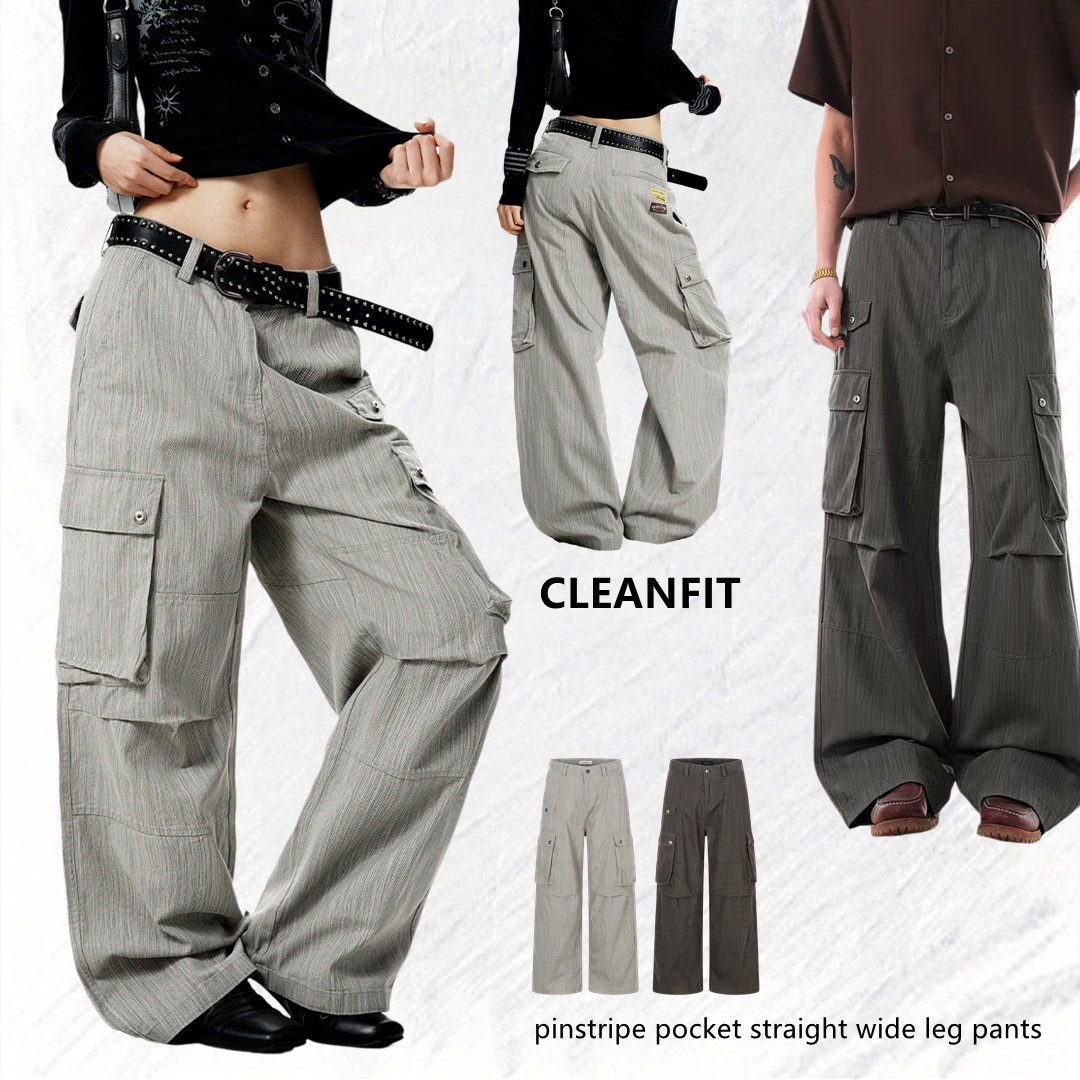 M6986直紋口袋直筒闊腿褲