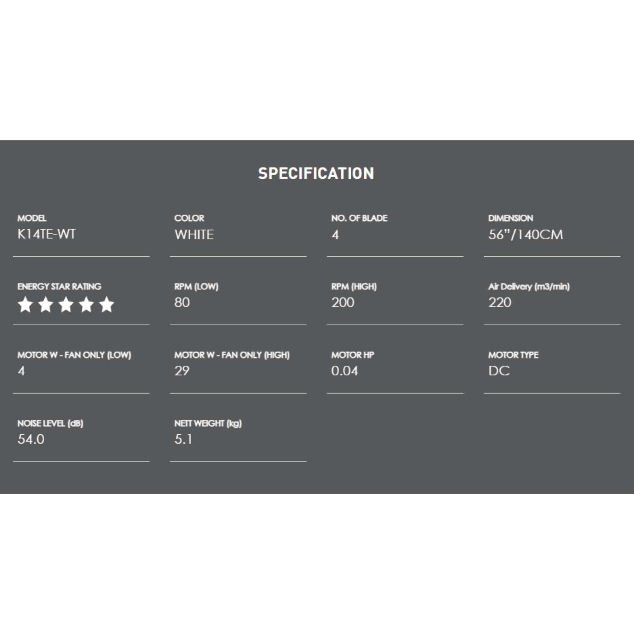 KDK 56" Ceiling Fan 4-Blade DC Motor White (K14TE-WT)