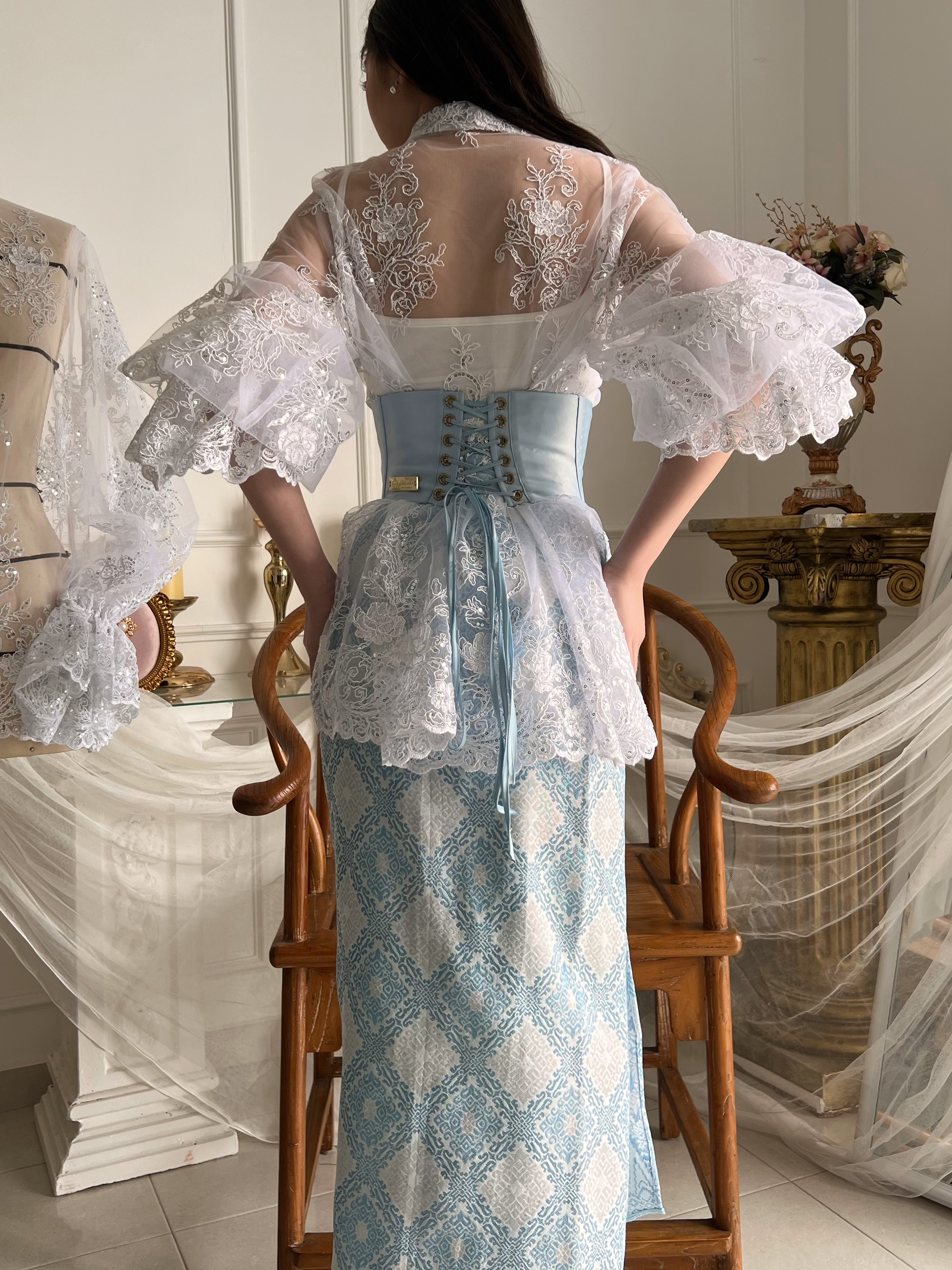 Songket Underbust Corset and Pareo Skirt in Light Blue with Angel Blouse in True White