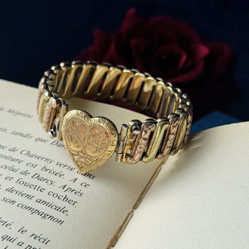 Antique 1910-1940s L.S Gold Filled Two Tone Rose & Yellow Gold Etched Pattern Sweetheart Expandable/Stretchy Bracelet(MT1361)