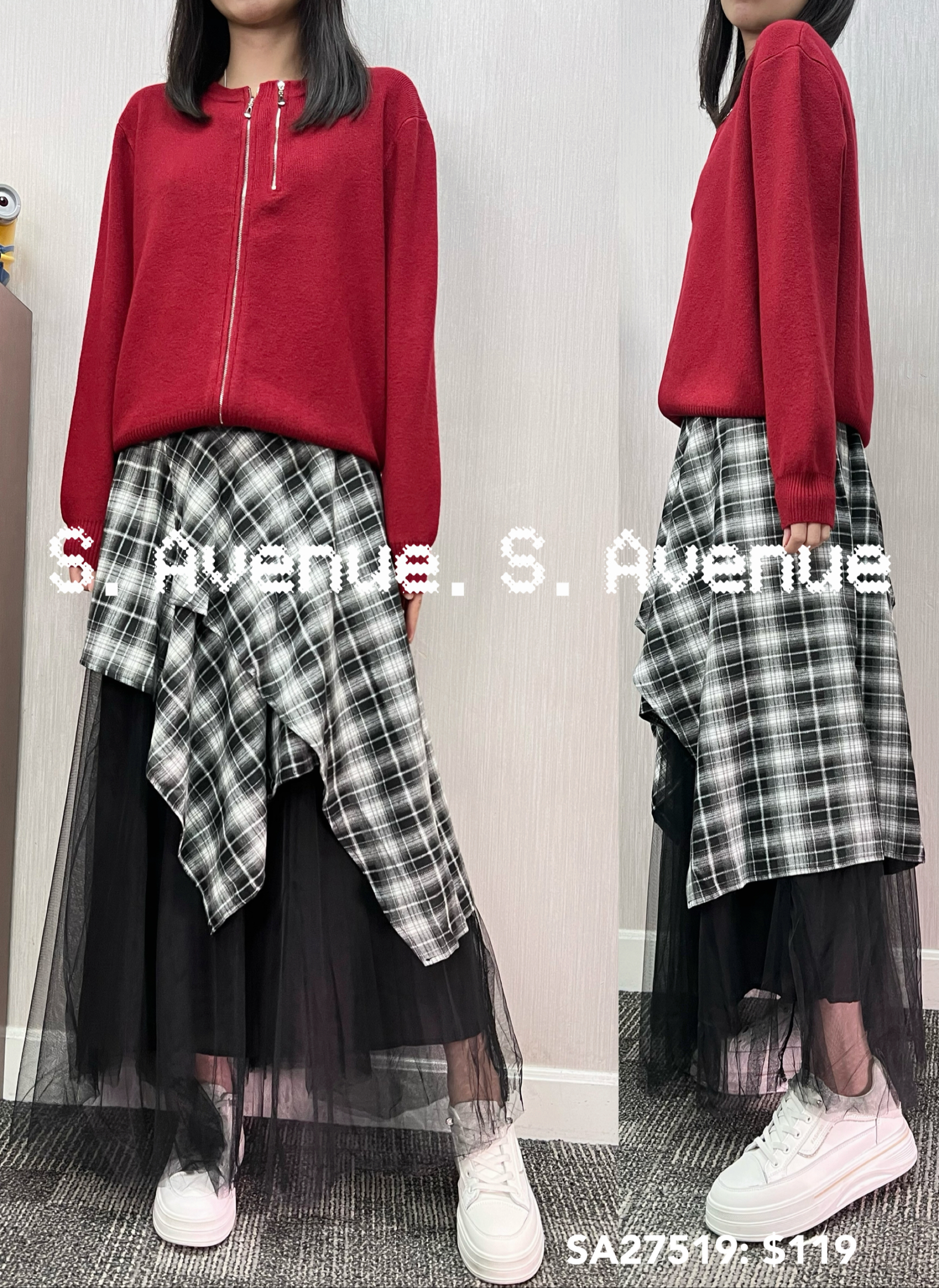 SA27519: 長袖前雙拉錬冷top