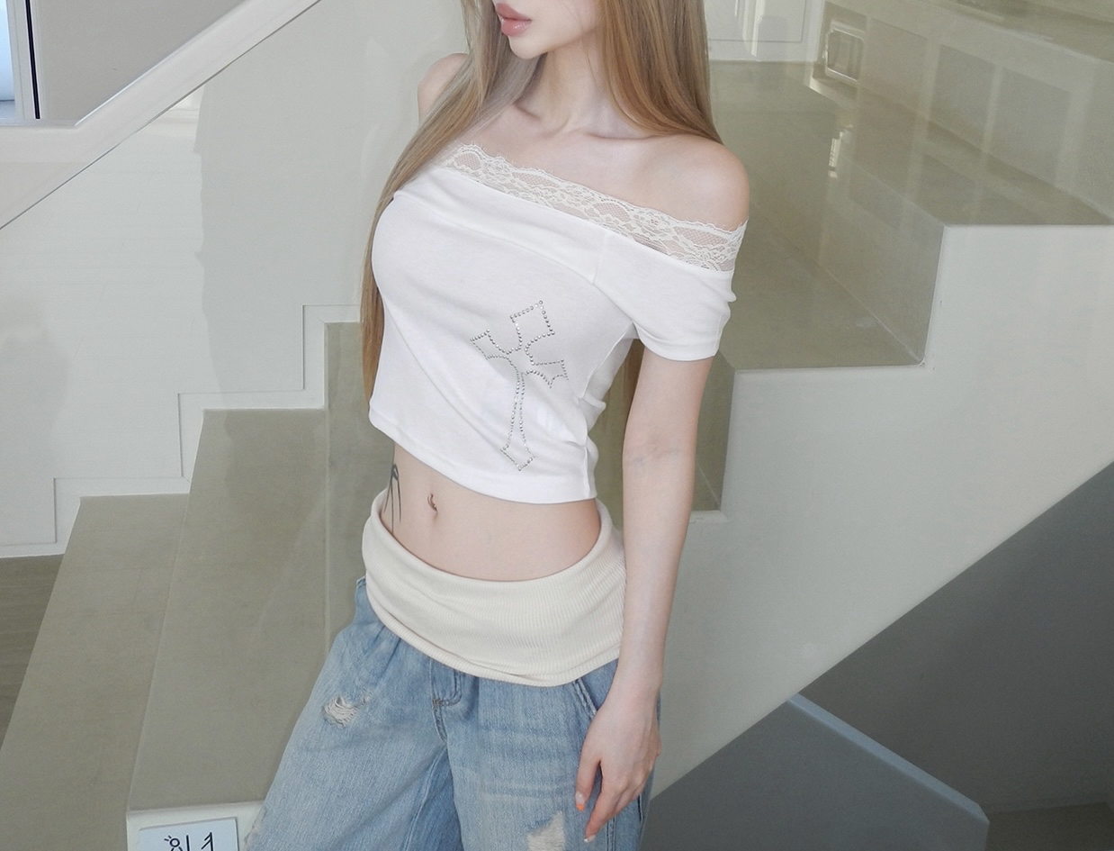 Rhinestone Cross Lace Trim Crop Top