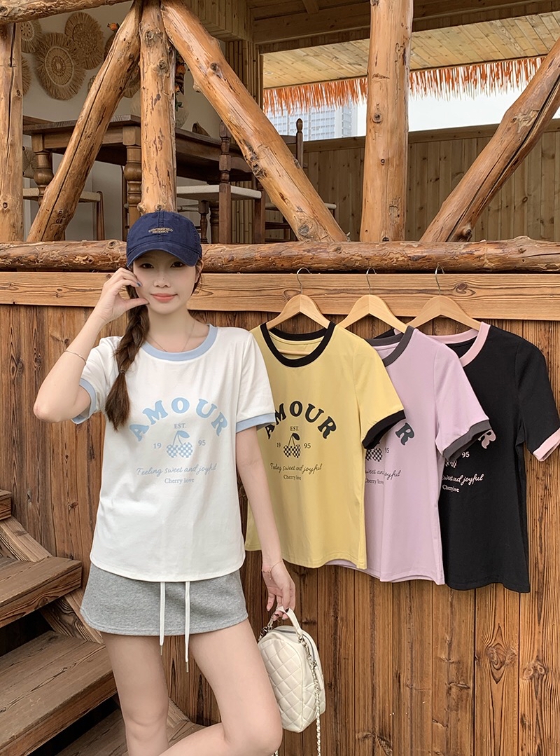 B122(36838) 韩系减龄撞色领边与AMOUR樱桃印花卷边袖4色上衣 