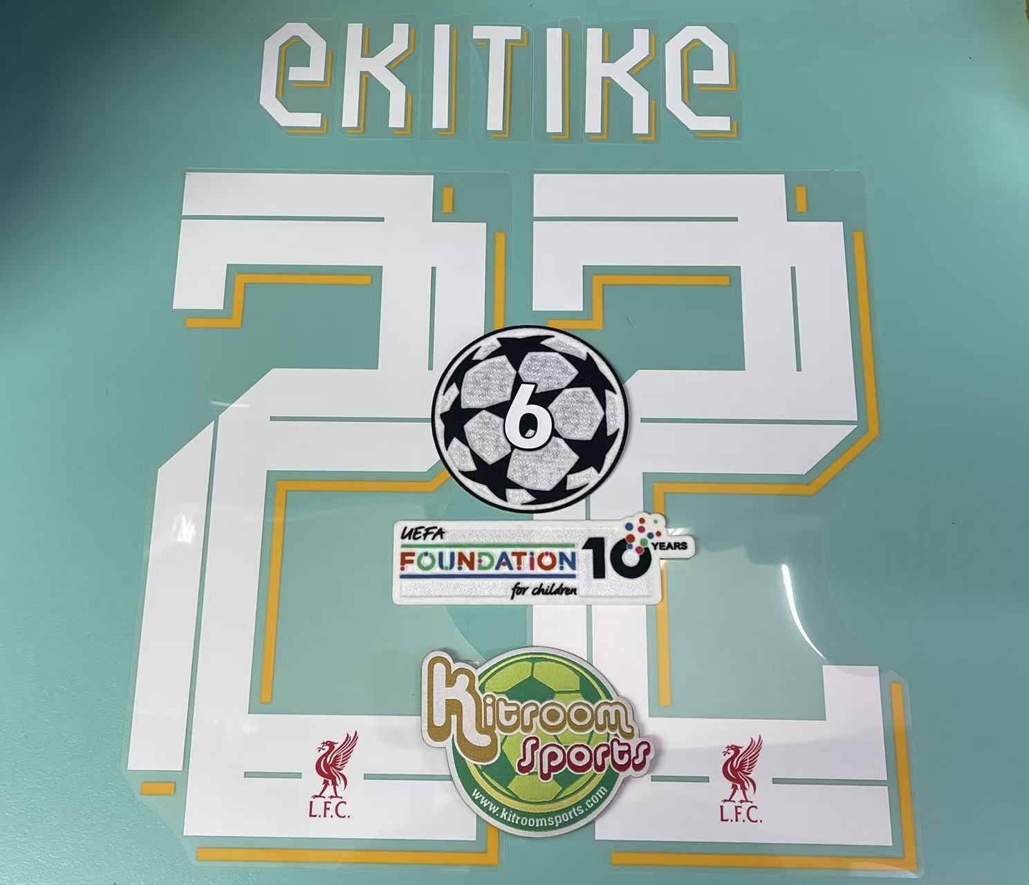 2025-26 Liverpool Home UCL Nameset #22 EKITIKE + 6 UCL + Foundation Patch