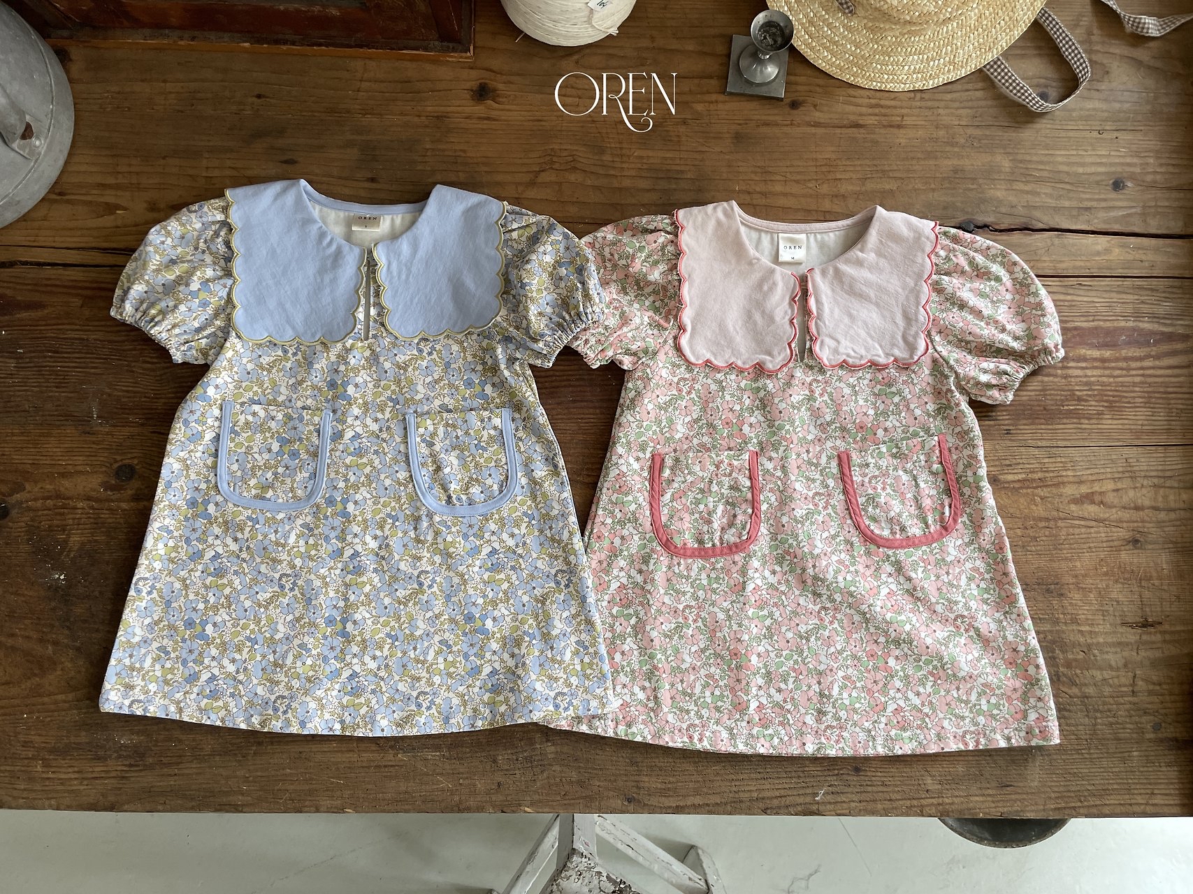 ☀️預訂 韓國直送☀️🇰🇷Oren Karina兩色花卉口袋扇形領短袖連身裙