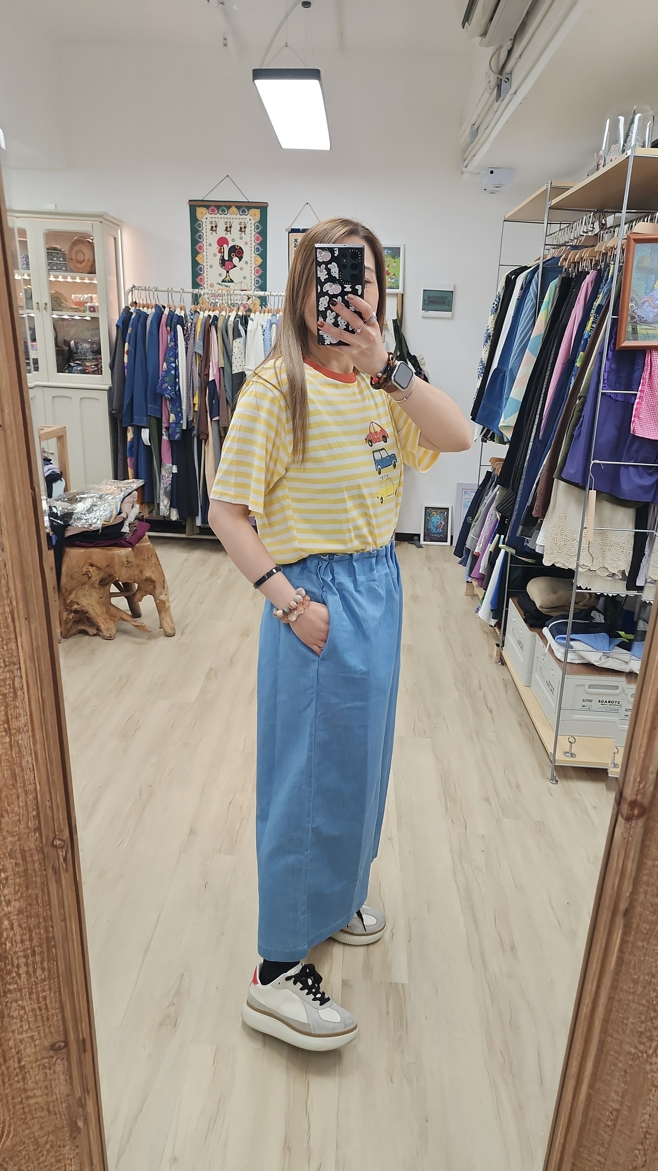 韓國黃白橫間車仔印圖Tee