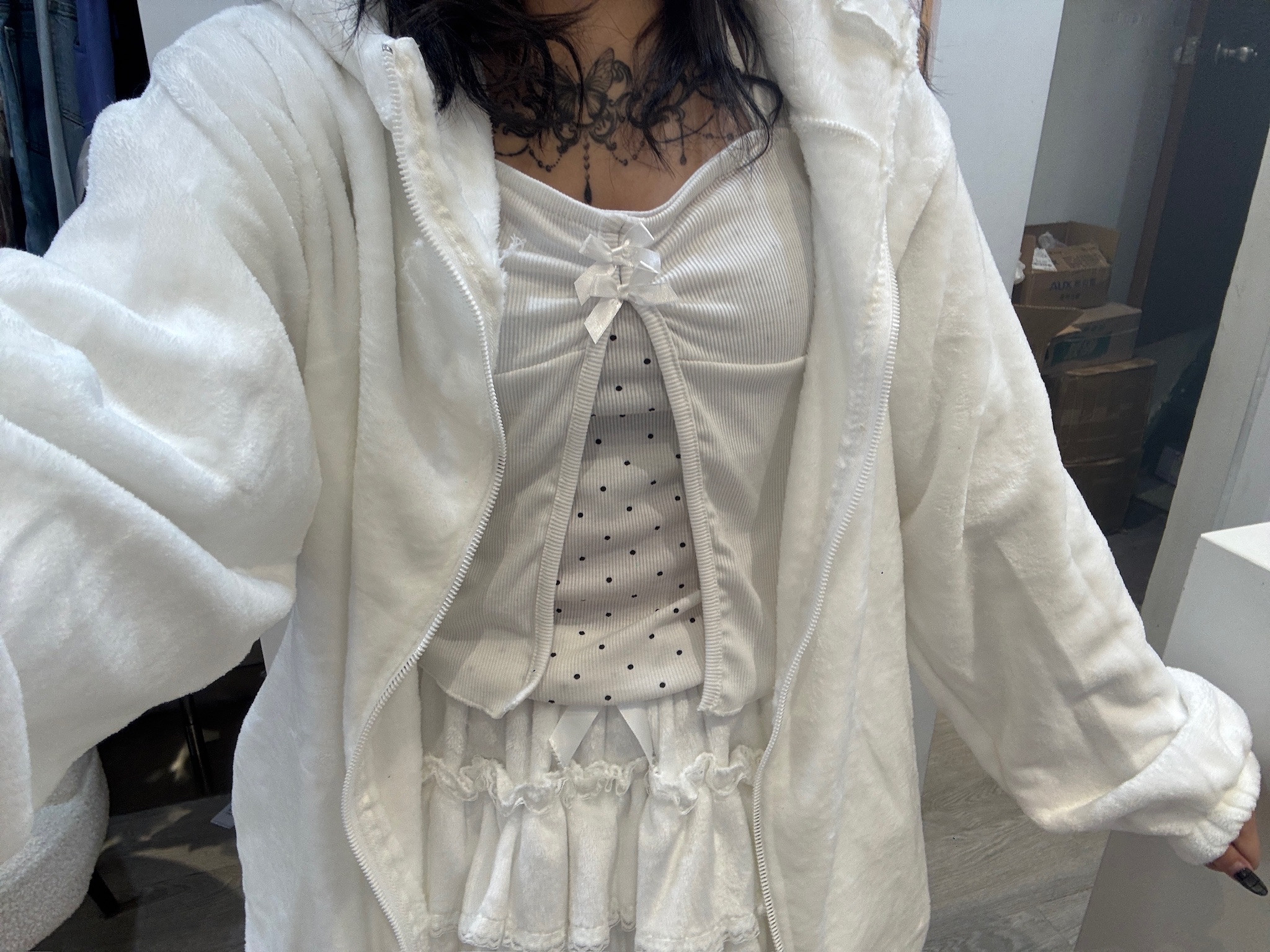 韓國撞色假兩件波點蝴蝶結Top