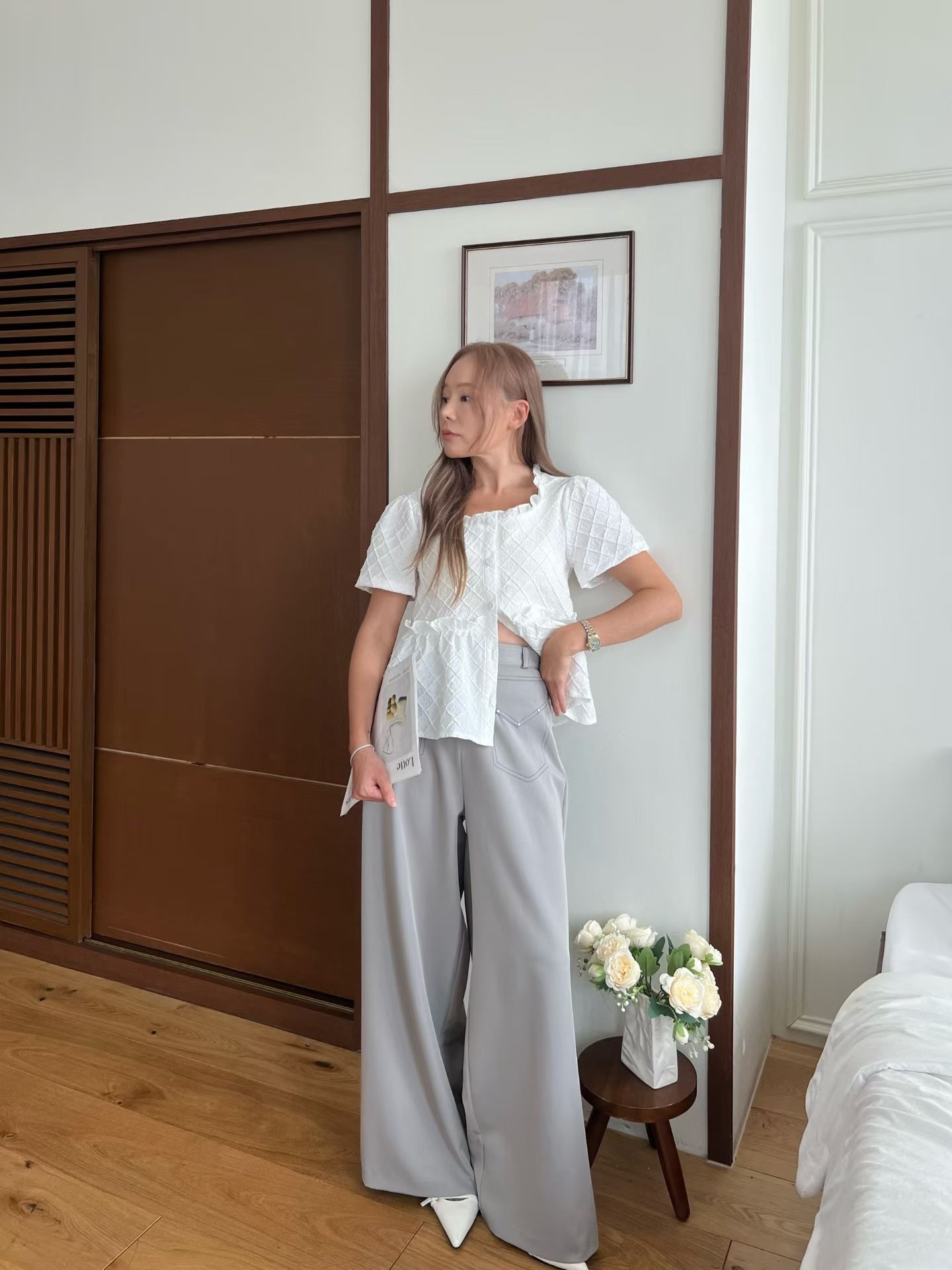 B8 方領荷葉邊菱格修身娃娃衫