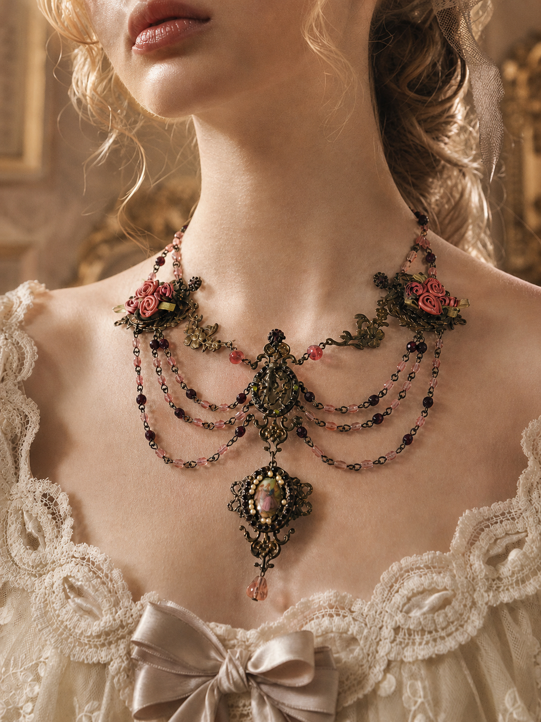 玫瑰莊園的仲夏呢喃 ∙ 1980年代 Michal Negrin 古董重工玫瑰肖像多層次頸鍊 Midsummer Whispers of the Rose Manor ∙ Vintage 1980s Michal Negrin Multi-Strand Portrait Necklace