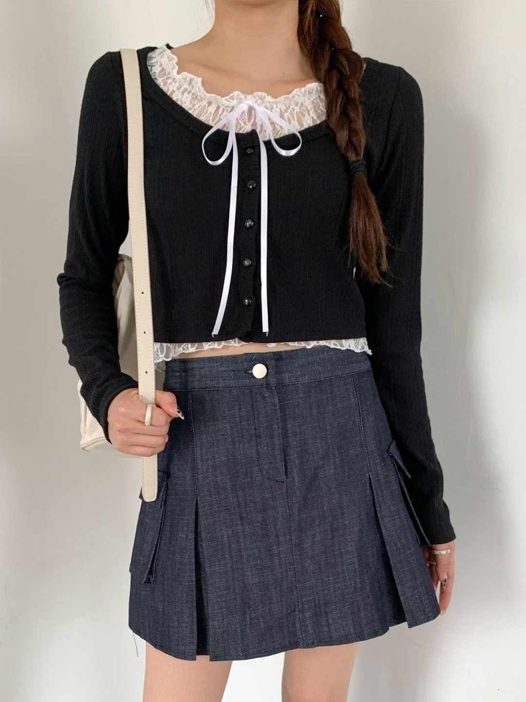 已售罄❌韓國Lacy 綁帶假兩件扣鈕Top（長袖）