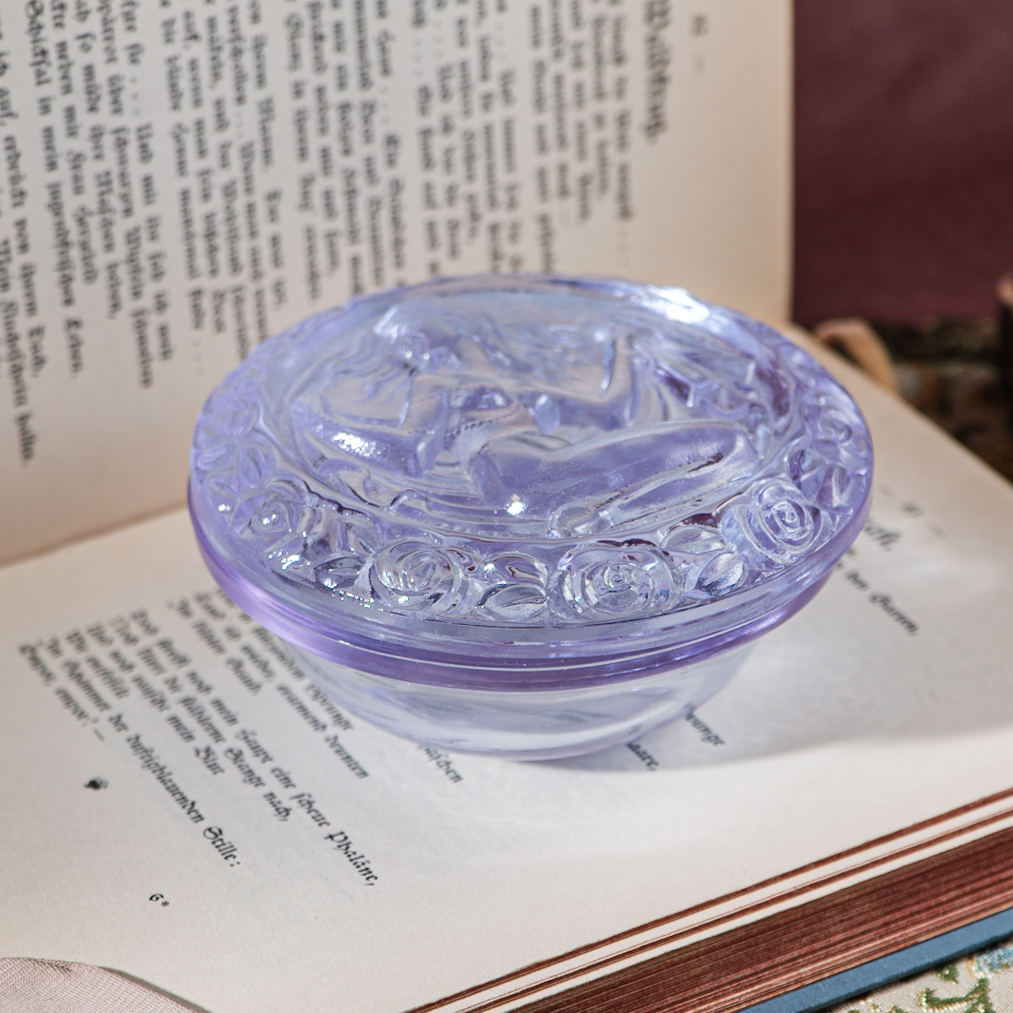Rare! C.a. 1960s New Old Stock West German Goddess Sculpture with Rose Trim Purple Glass Trinket Box (MZ017)