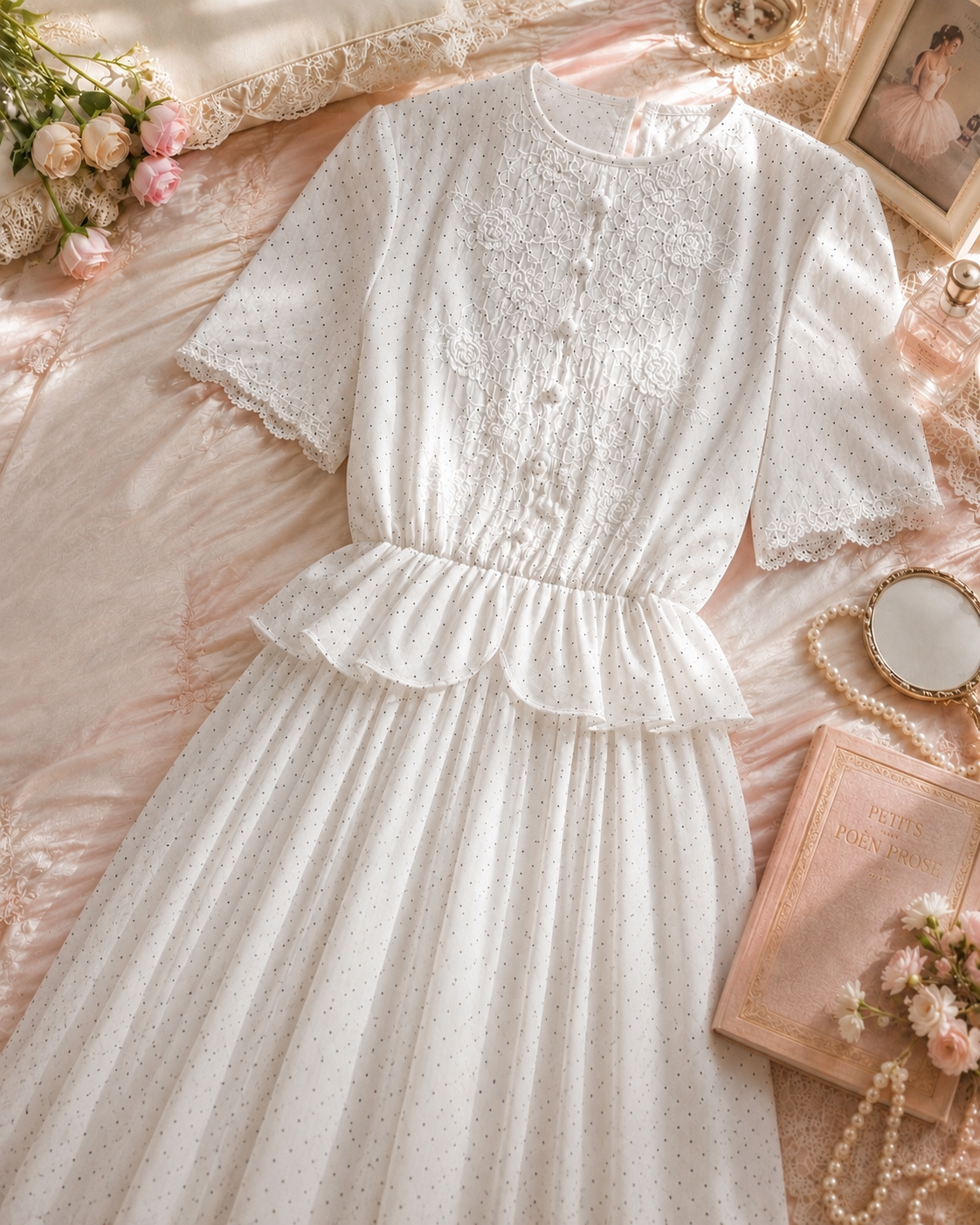 Vintage Japanese Mini Dotty with Embroidery Peplum Elegant Day & Night Dress (MT1608-166)