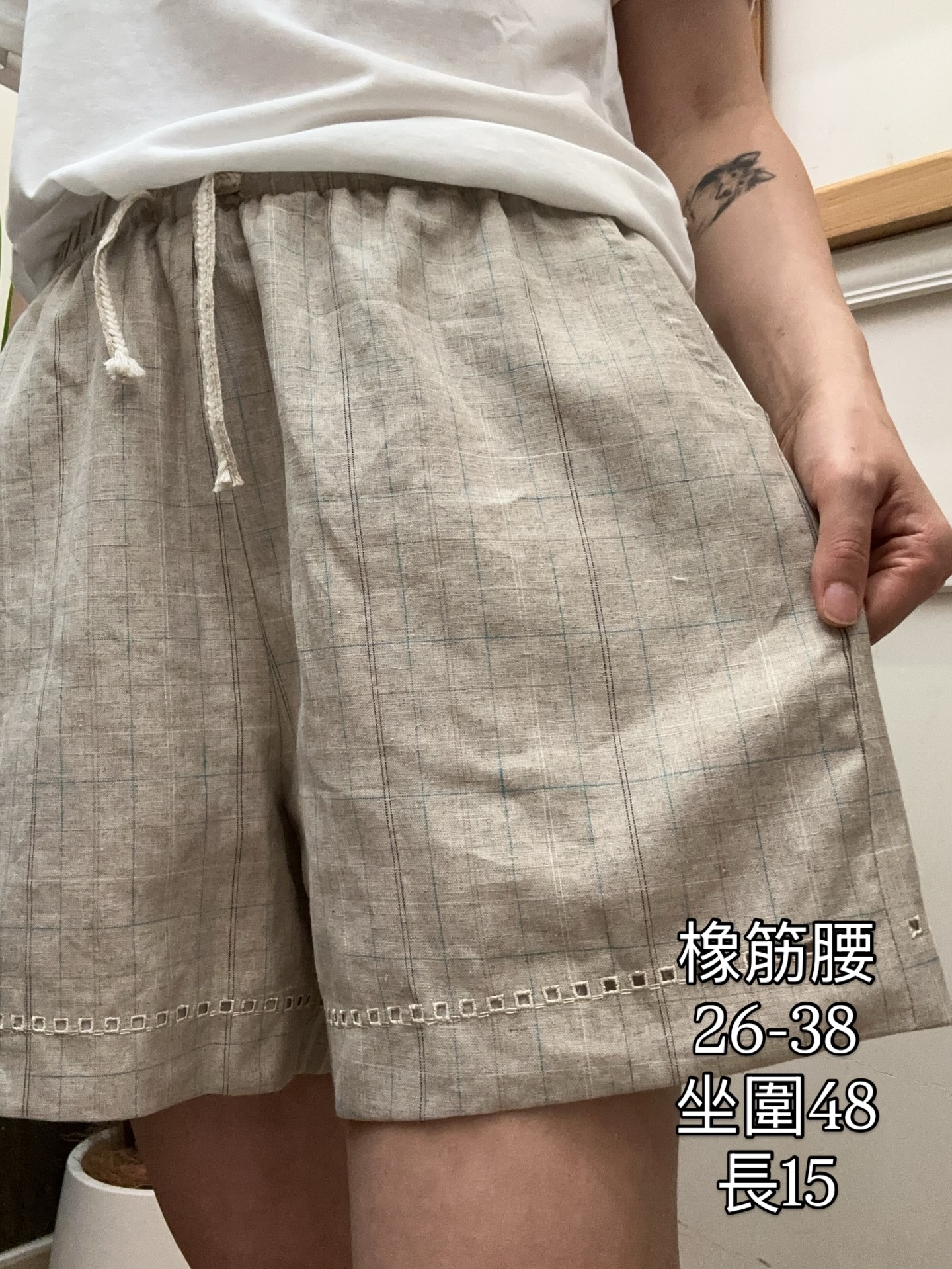 韓國製造舒適棉麻格仔短褲