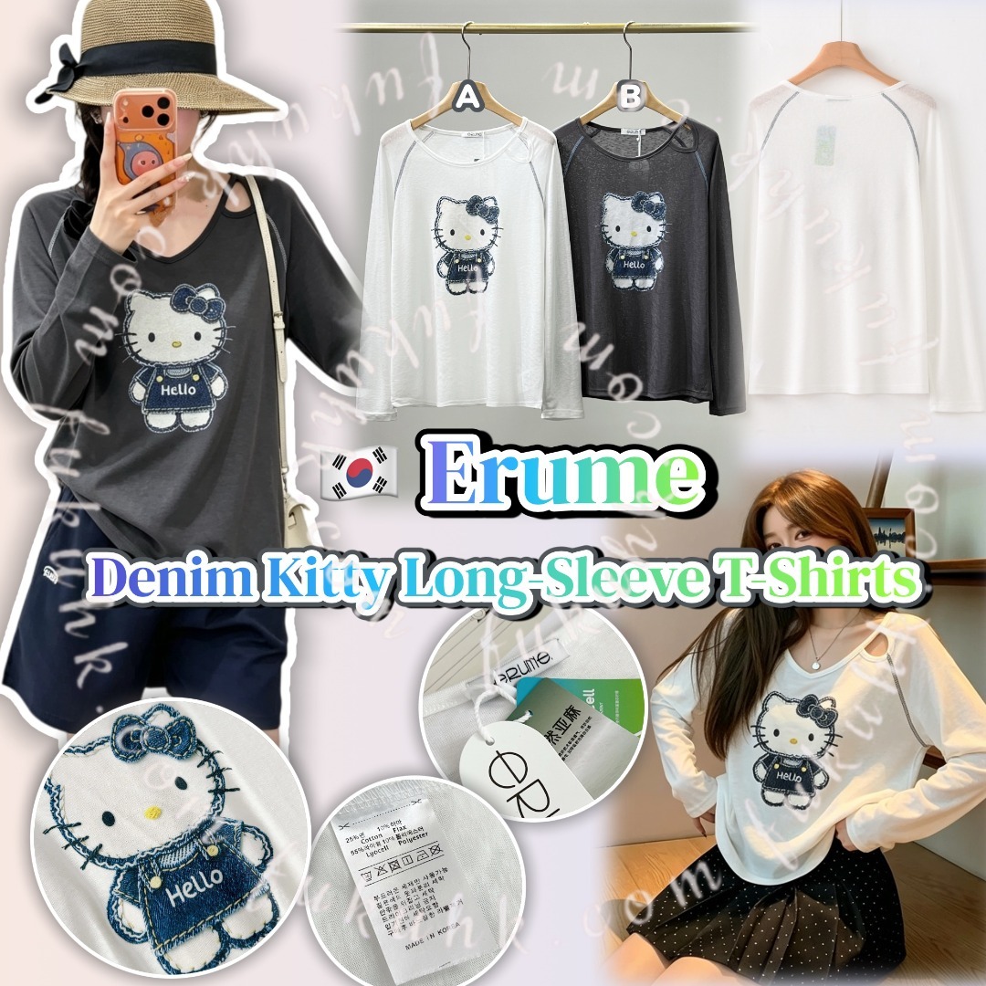 🇰🇷Erume Denim Kitty Long-Sleeve T-Shirts 牛仔 Kitty 長袖T-shirts
