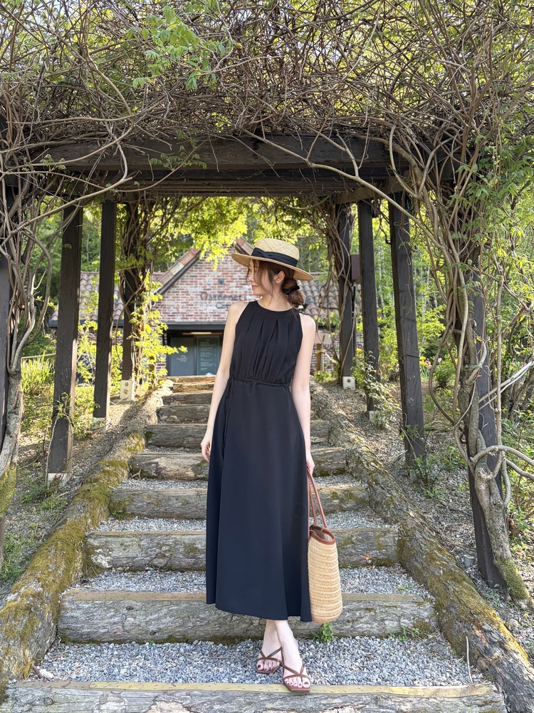 Pleated Halter Maxi Dress (Black)