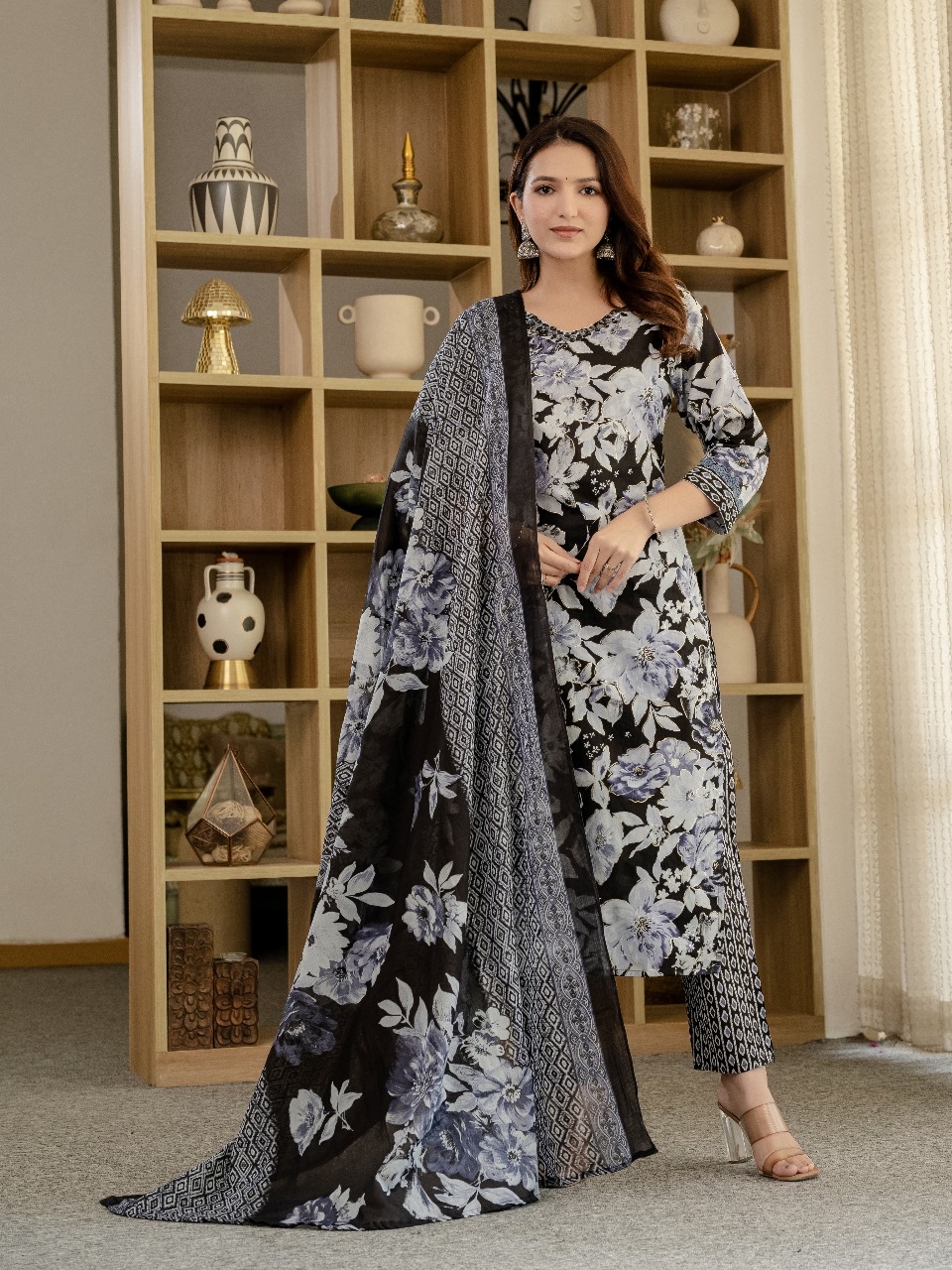 Black floral print Kurta set