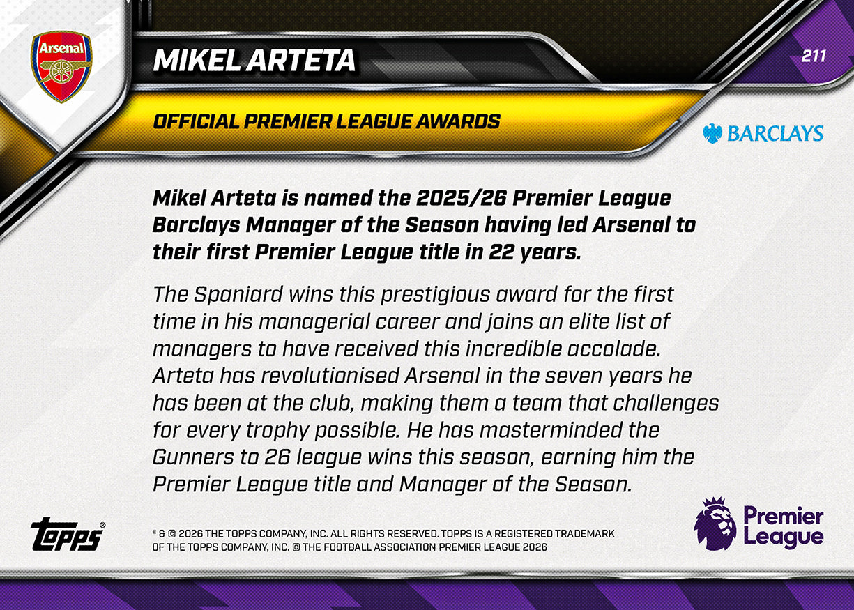 Mikel Arteta - 2025/26 Premier League Topps NOW #211 年度最佳領隊卡｜PR 1,397