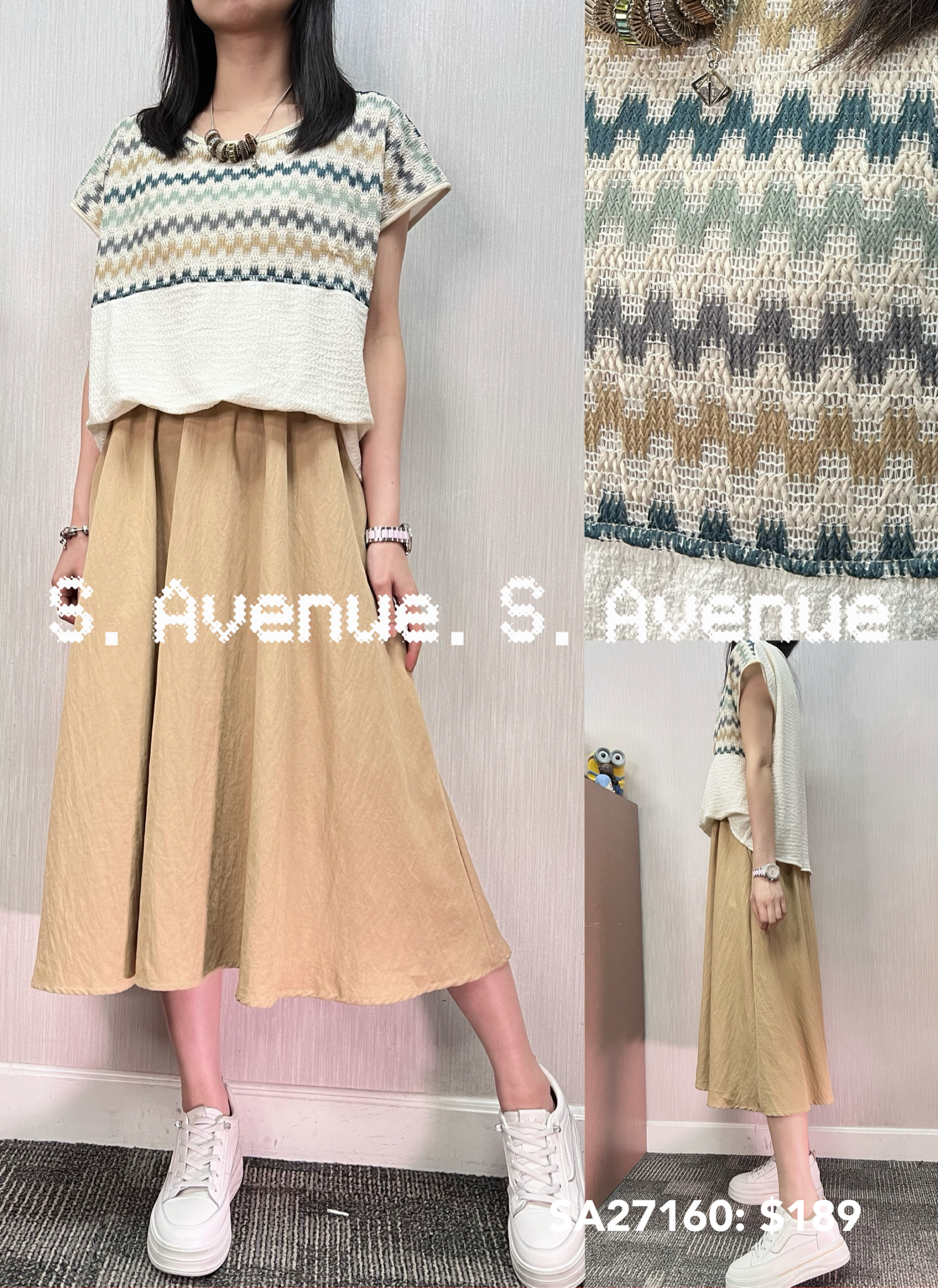 SA27160: 短袖上拼間勾織下拼西布op