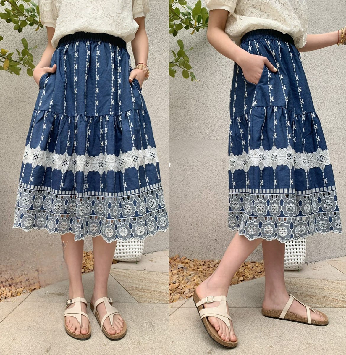 高質刺綉通花半截裙(腰M26~40寸 L28~42寸 長29.5寸)